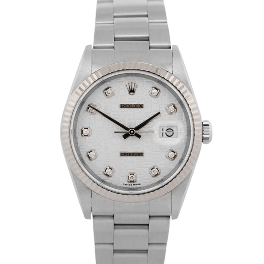 PAPERS Rolex DateJust Silver Jubilee DIAMOND 36mm White Gold Watch 16234 BOX