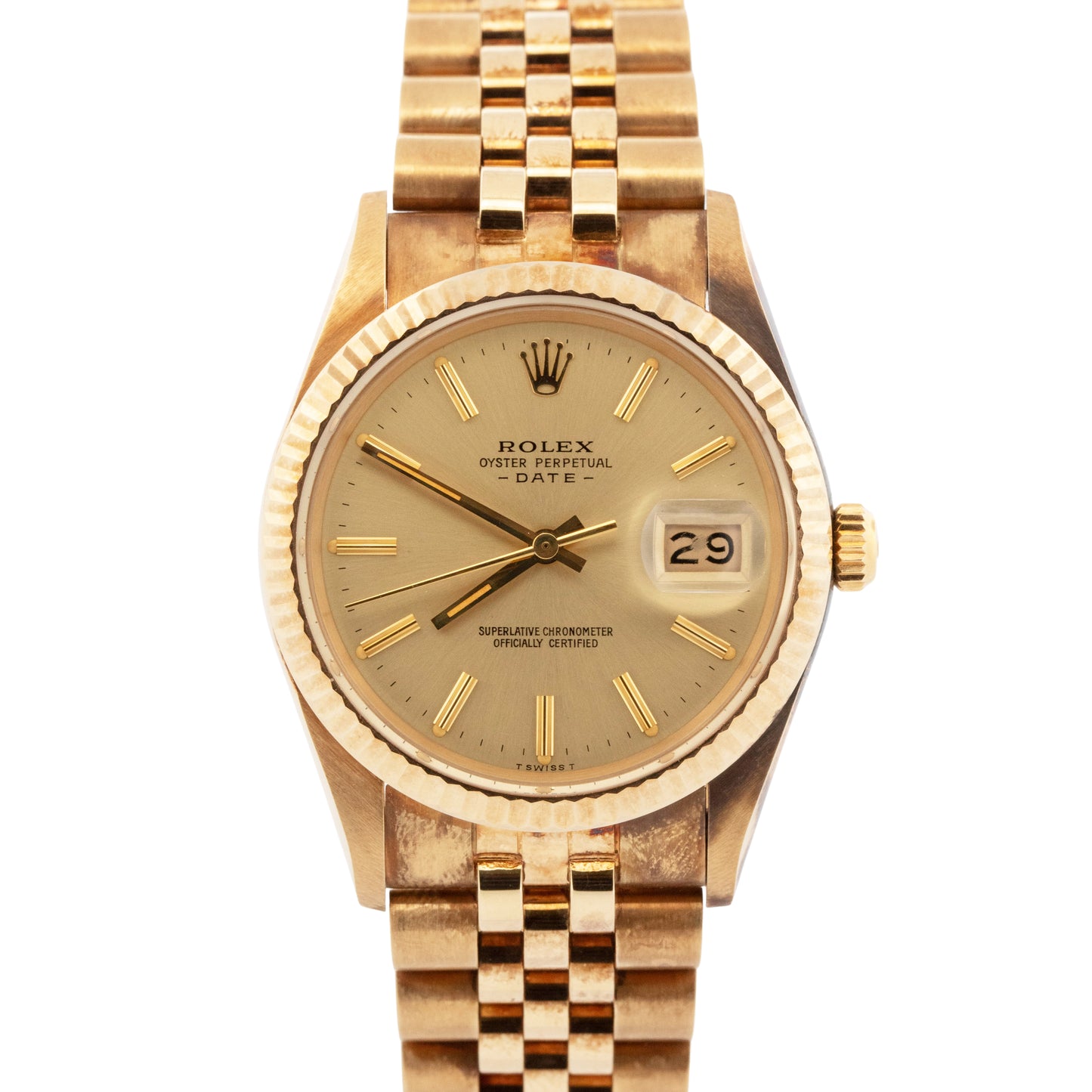 NOS 1986 PAPERS Rolex Oyster Perpetual Date CHAMPAGNE Gold 34mm 15037 Watch