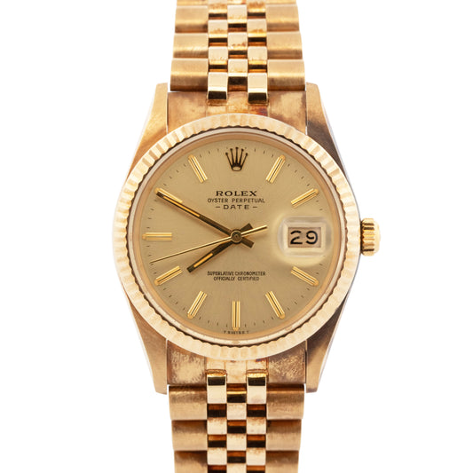 NOS 1986 PAPERS Rolex Oyster Perpetual Date CHAMPAGNE Gold 34mm 15037 Watch