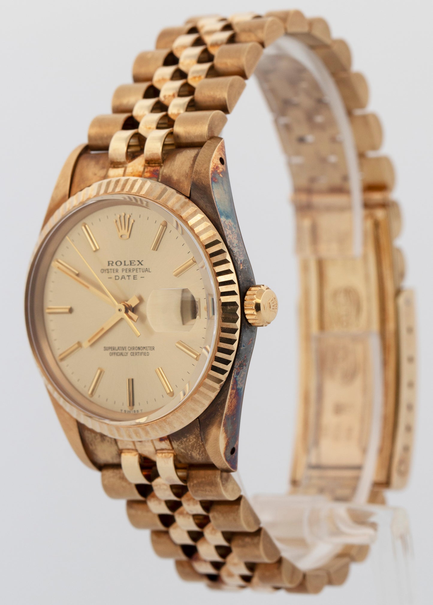 NOS 1986 PAPERS Rolex Oyster Perpetual Date CHAMPAGNE Gold 34mm 15037 Watch