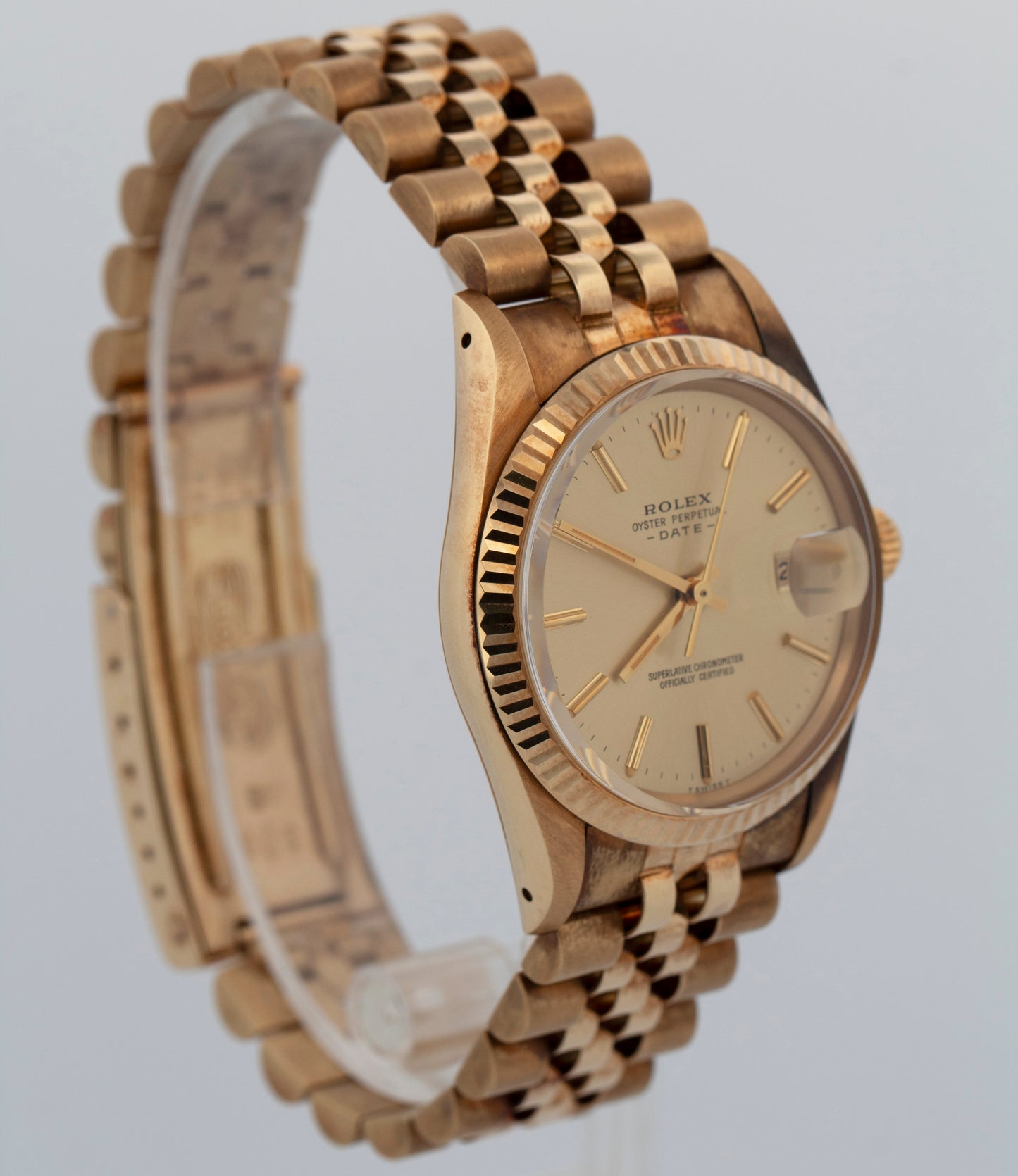 NOS 1986 PAPERS Rolex Oyster Perpetual Date CHAMPAGNE Gold 34mm 15037 Watch