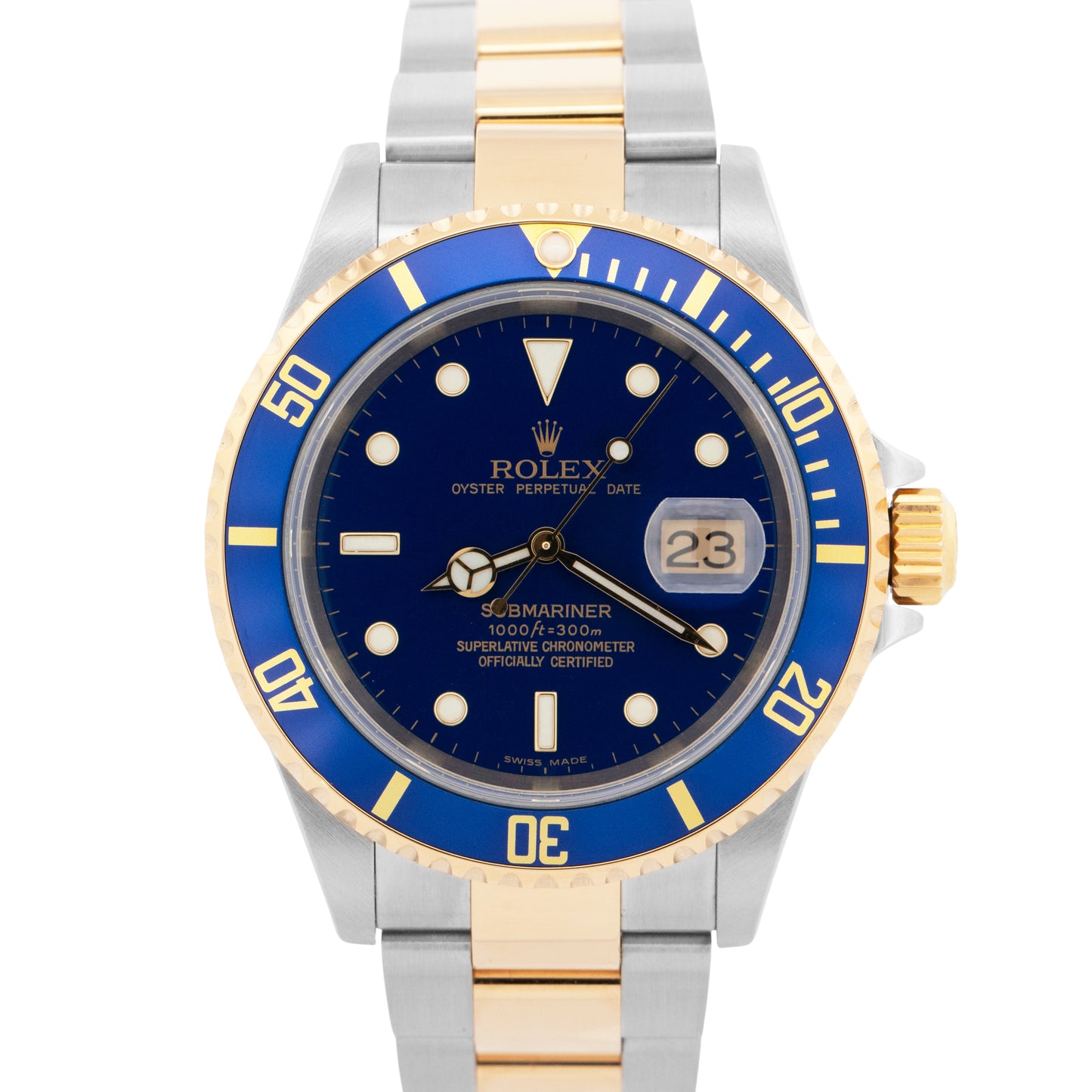 2005 PAPERS Rolex Submariner Date 40mm BLUE 18K Steel No-Holes Watch 16613 BOX