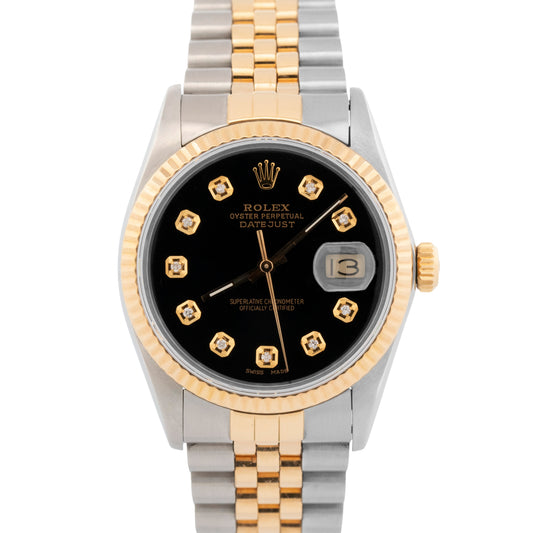 Rolex DateJust BLACK DIAMOND Two-Tone Yellow Gold Jubilee 36mm 16013 Watch BOX