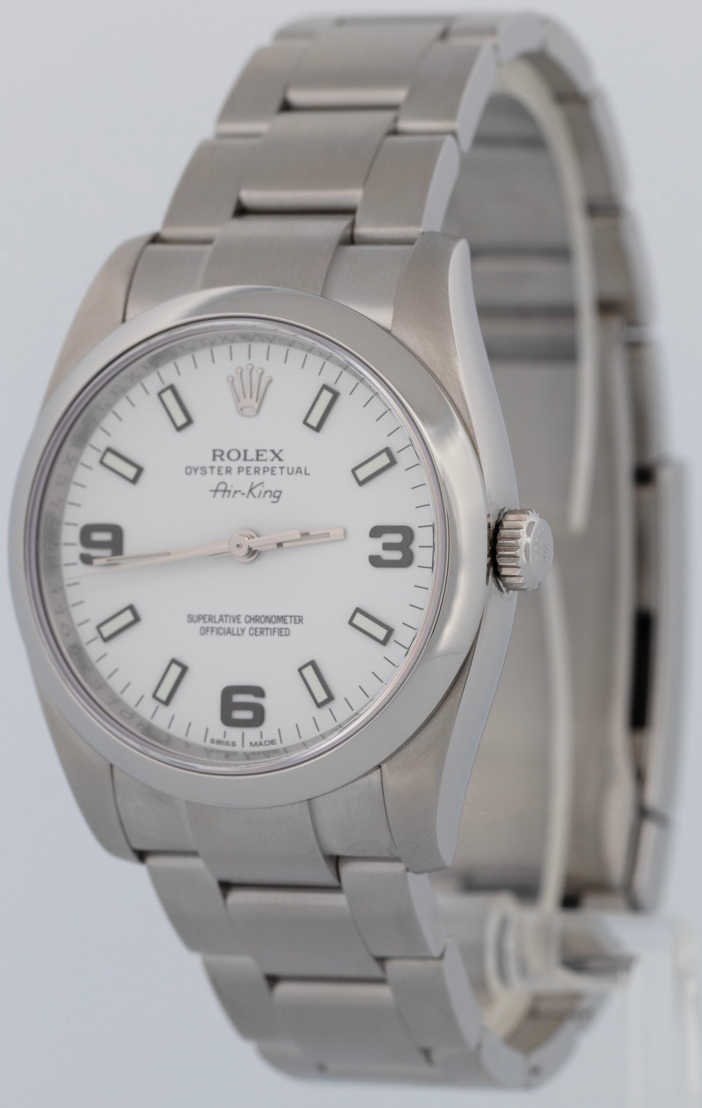 MINT Rolex Air-King White 3-6-9 Stainless Steel 34mm Automatic Watch 114200