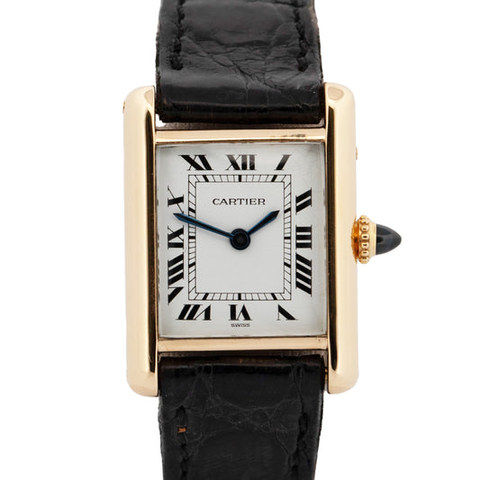 VINTAGE Ladies Cartier Tank Louis 18k Gold Green Leather 78087 21mm Manual Watch