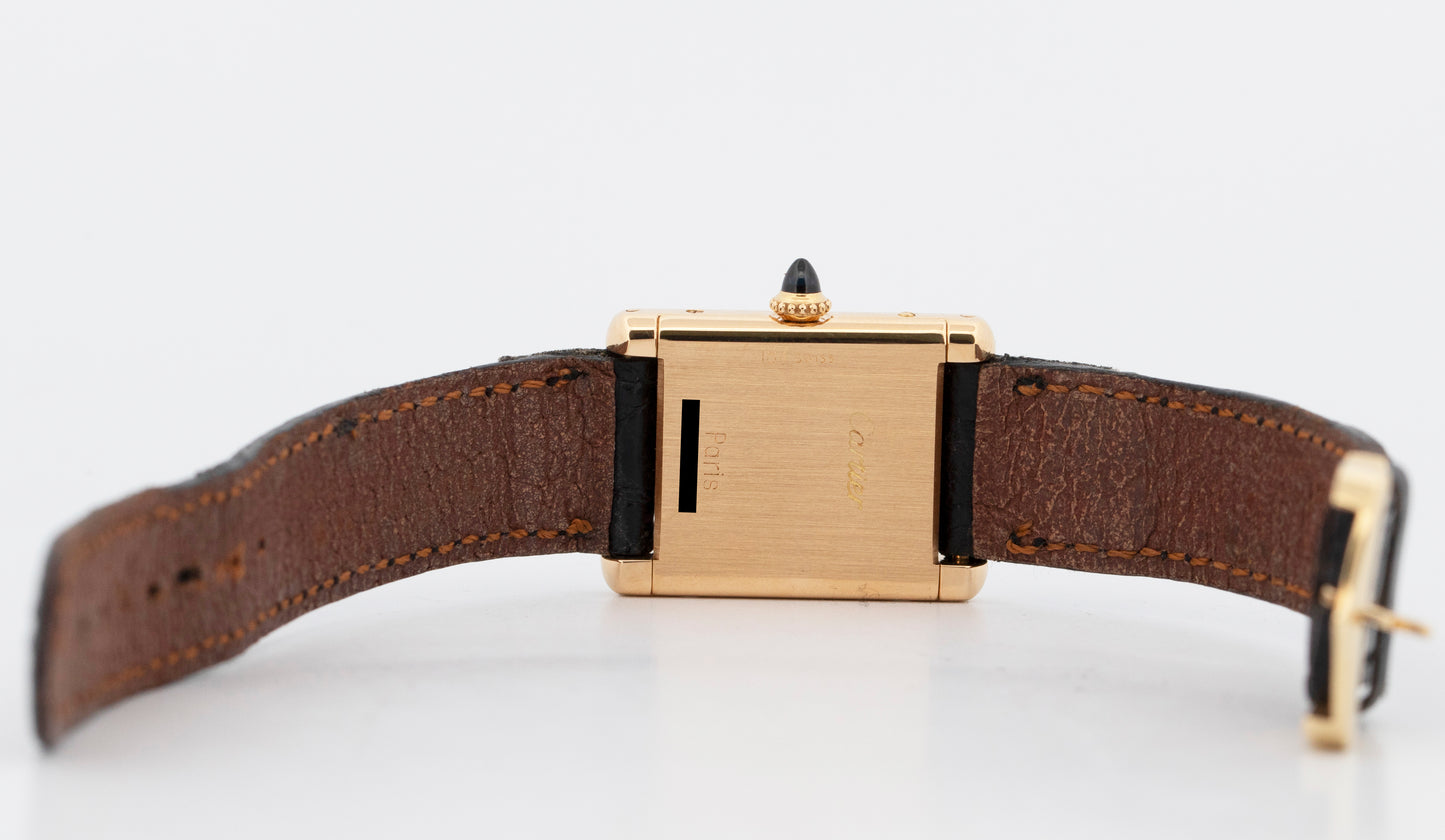 VINTAGE Ladies Cartier Tank Louis 18k Gold Green Leather 78087 21mm Manual Watch