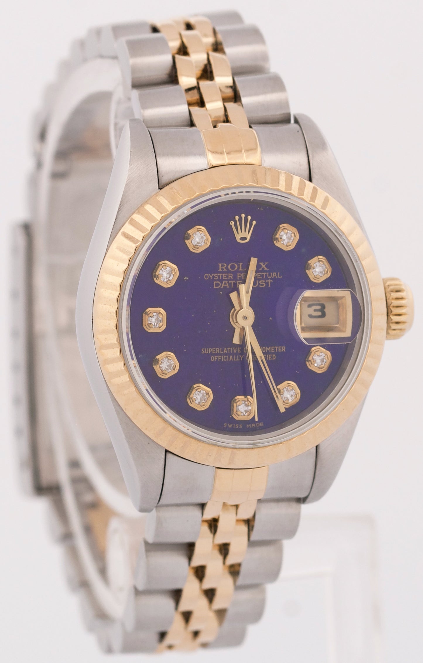 Ladies Rolex DateJust 26mm BLUE DIAMOND Bezel 18K Gold Steel JUBILEE 69173