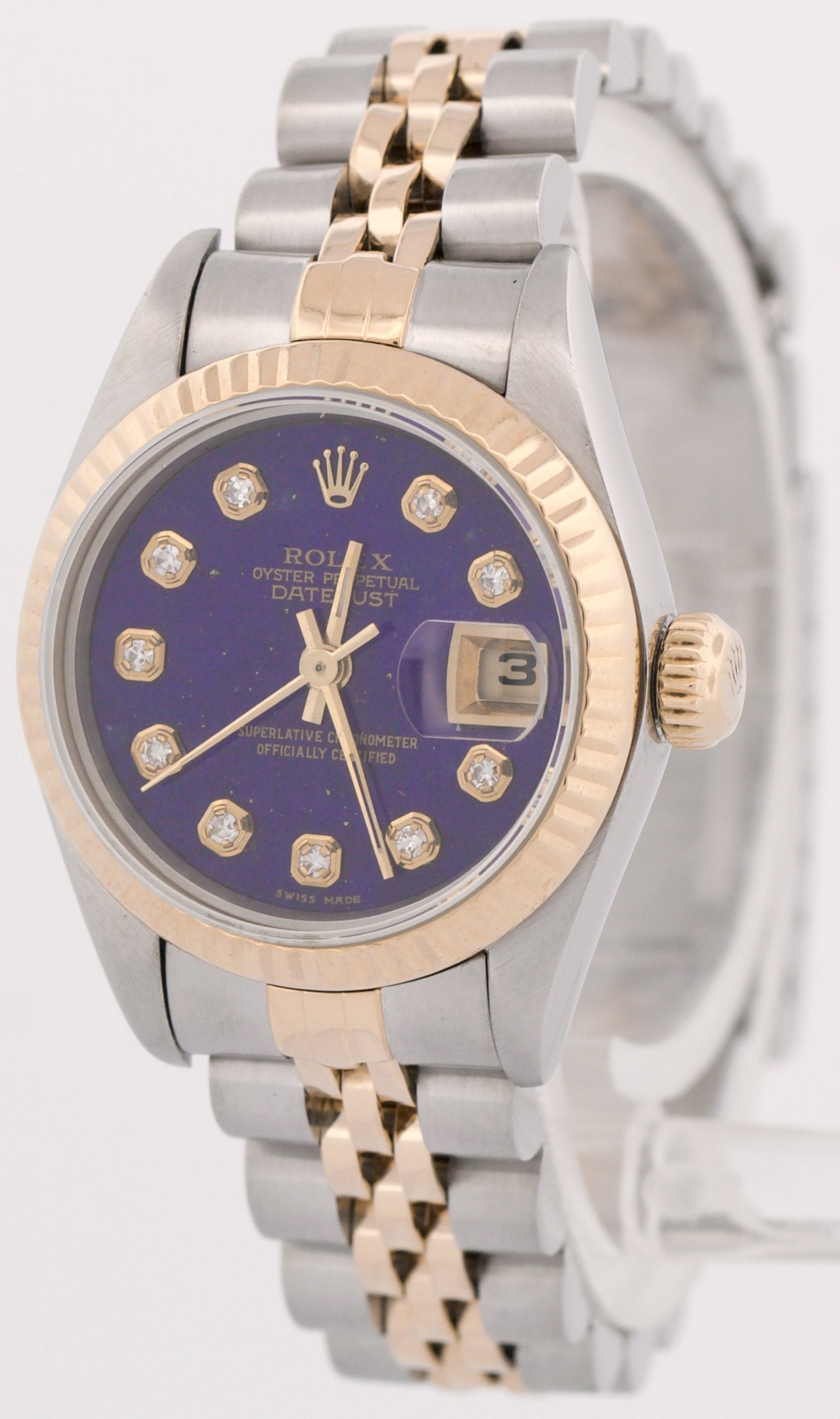 Ladies Rolex DateJust 26mm BLUE DIAMOND Bezel 18K Gold Steel JUBILEE 69173