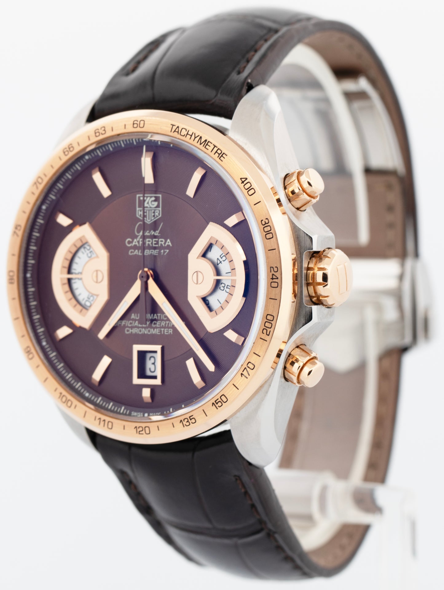 Tag Heuer Grand Carrera Brown 43mm Chrono Rose Gold Steel Watch CAV515C.FC6225