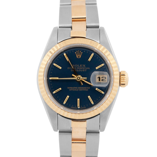 Ladies Rolex DateJust BLUE 18K Yellow Gold Stainless 26mm OYSTER Watch 79173