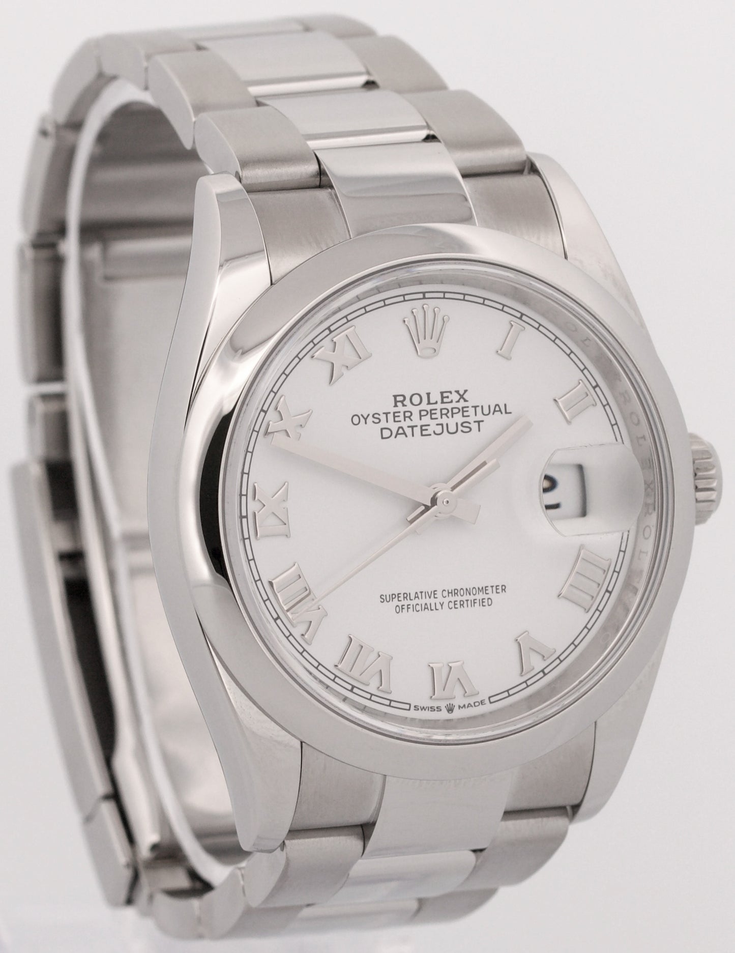 Rolex DateJust 36mm WHITE ROMAN Stainless Steel SMOOTH Oyster 126200 Watch