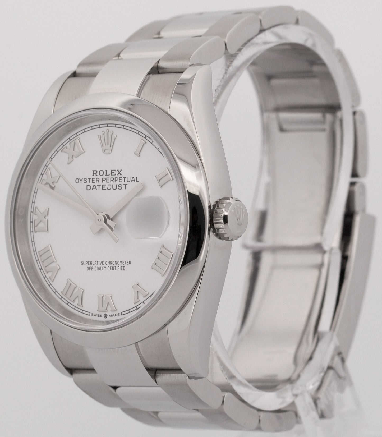 Rolex DateJust 36mm WHITE ROMAN Stainless Steel SMOOTH Oyster 126200 Watch
