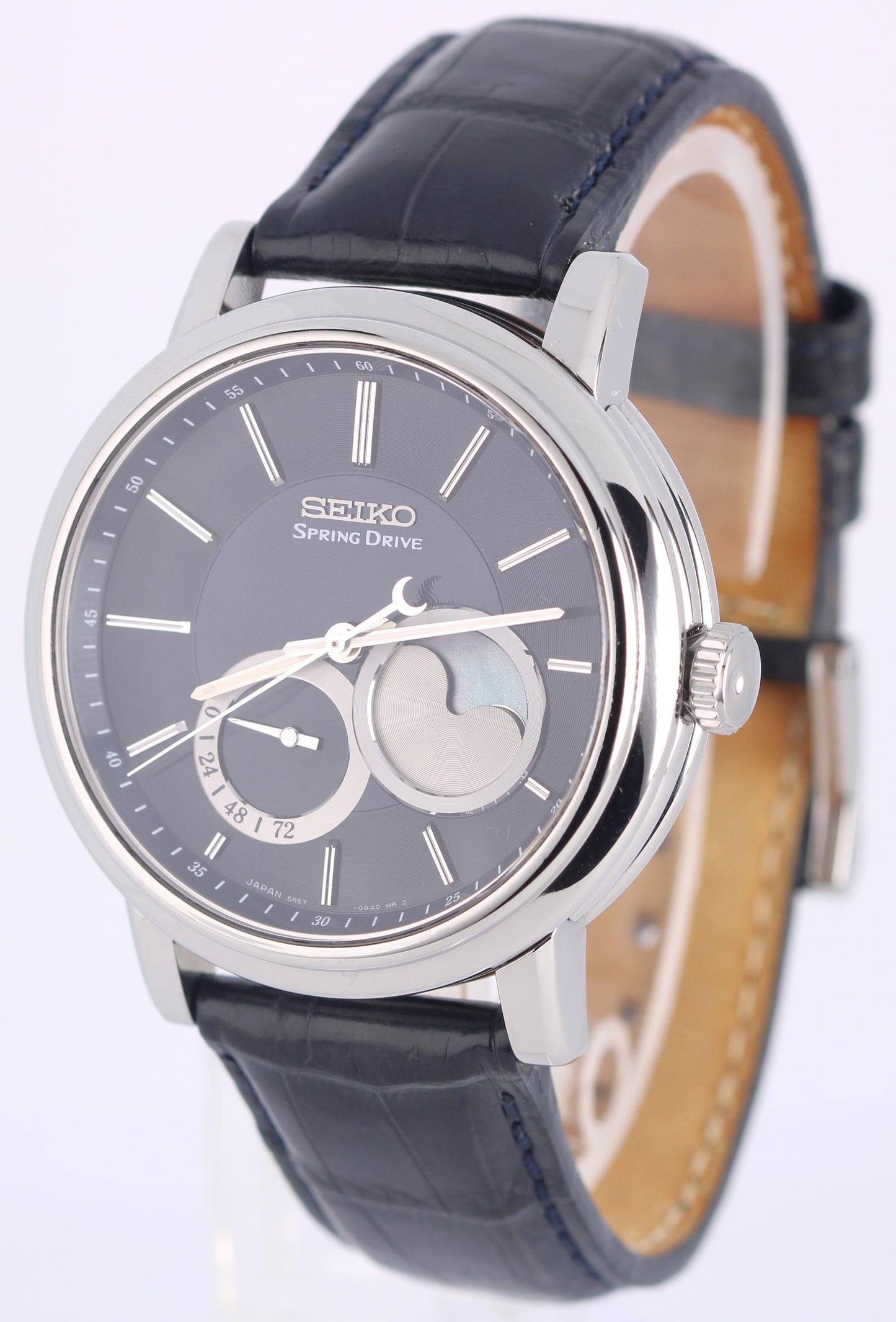 Seiko Spring Drive Moonphase PAPERS Steel Blue 41mm SNR011 Leather Watch BOX