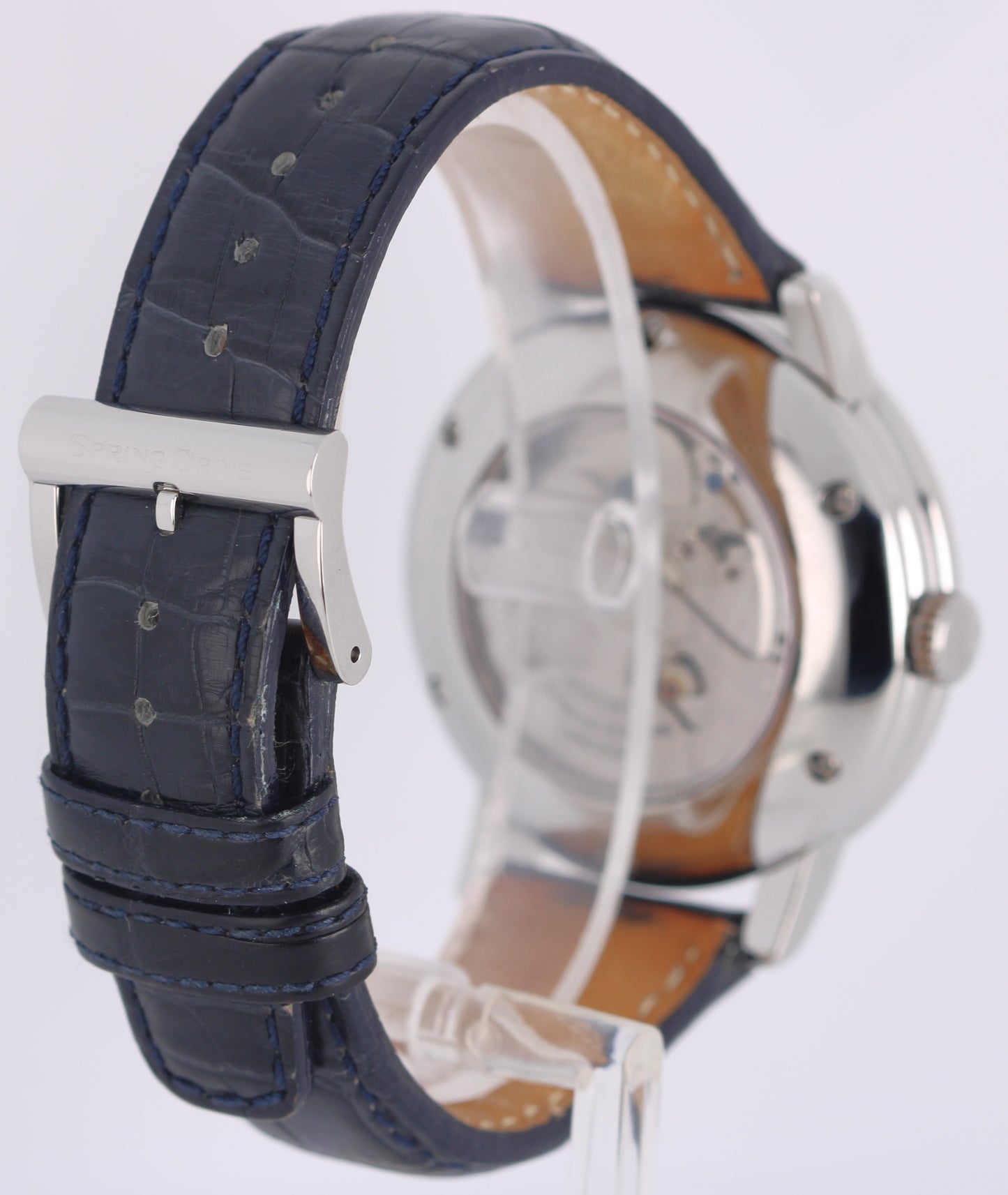 Seiko Spring Drive Moonphase PAPERS Steel Blue 41mm SNR011 Leather Watch BOX