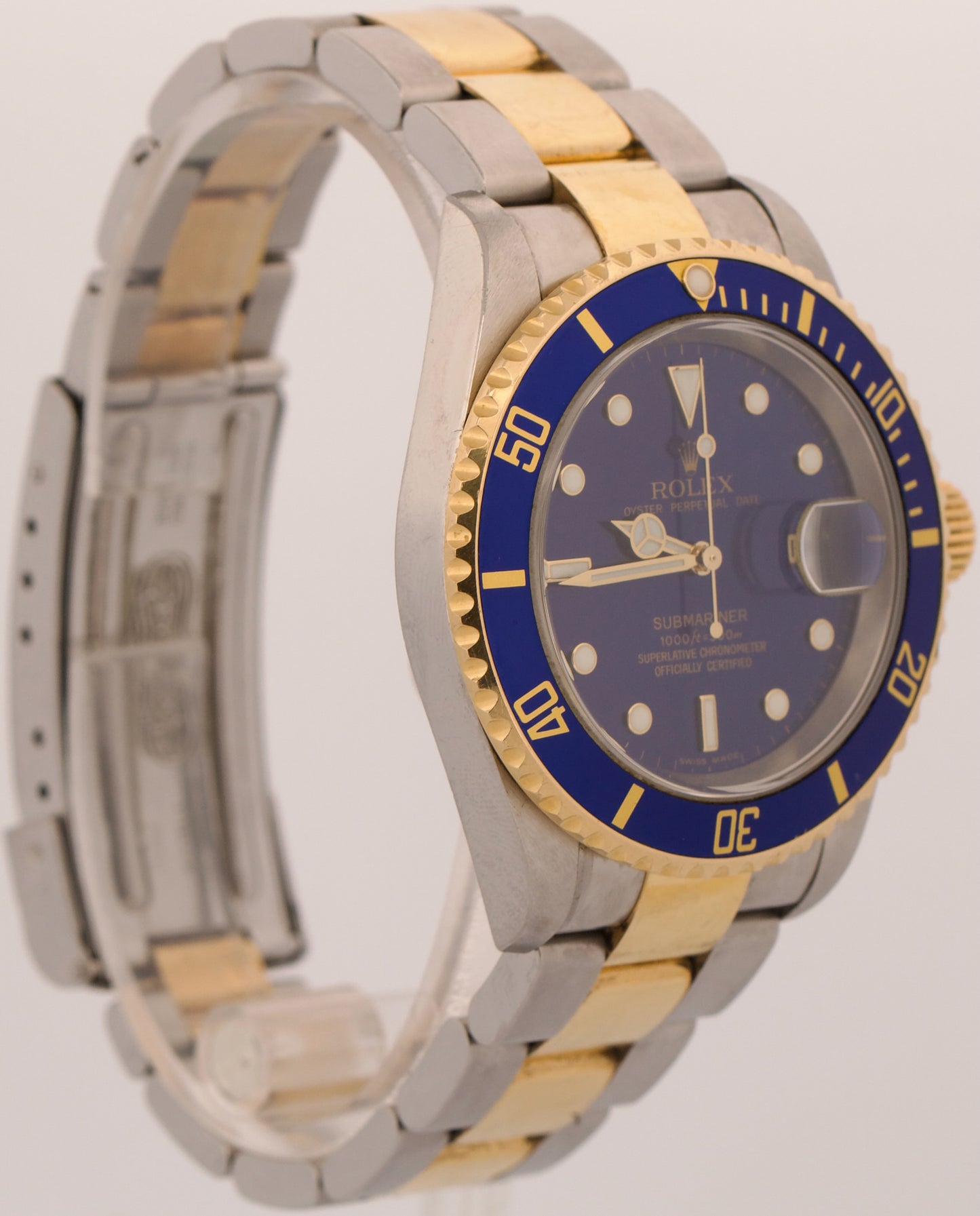 UNPOLISHED Rolex Submariner Date 40mm BLUE 18K Yellow Gold Steel NO-HOLES 16613