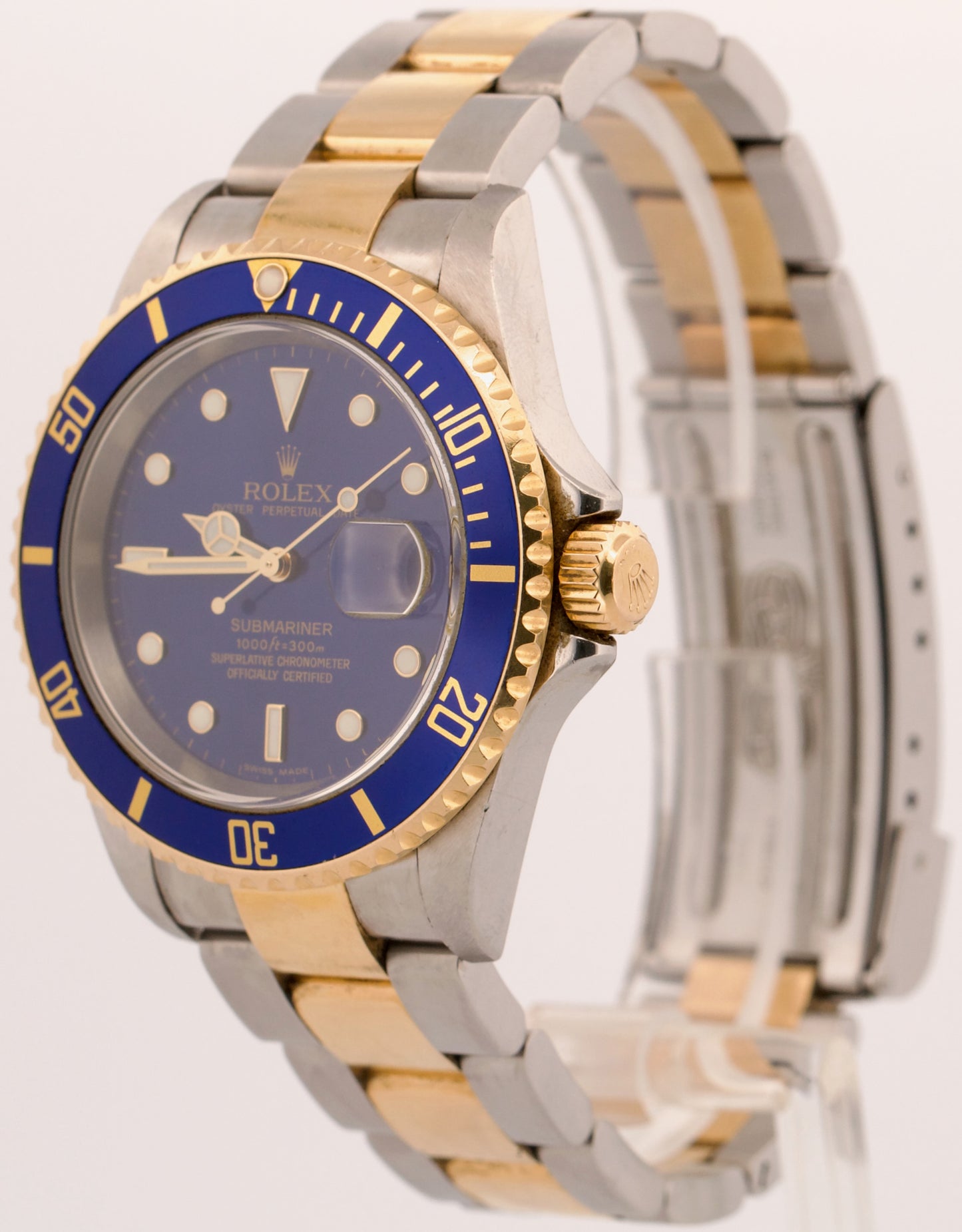 UNPOLISHED Rolex Submariner Date 40mm BLUE 18K Yellow Gold Steel NO-HOLES 16613