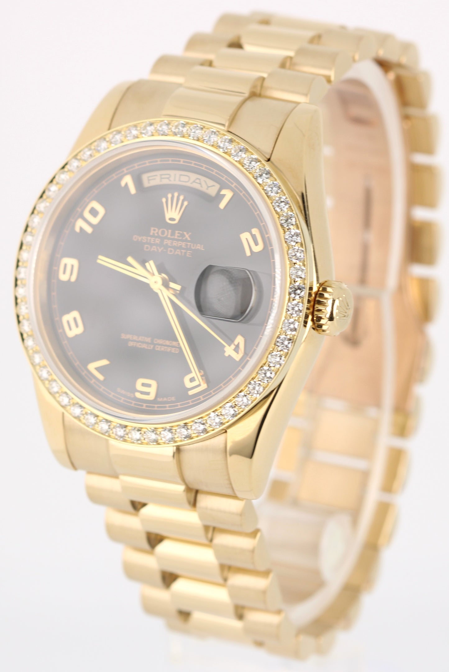 Rolex Day-Date PRESIDENT 18k Yellow Gold Black 36mm DIAMOND Bezel 118205 Watch