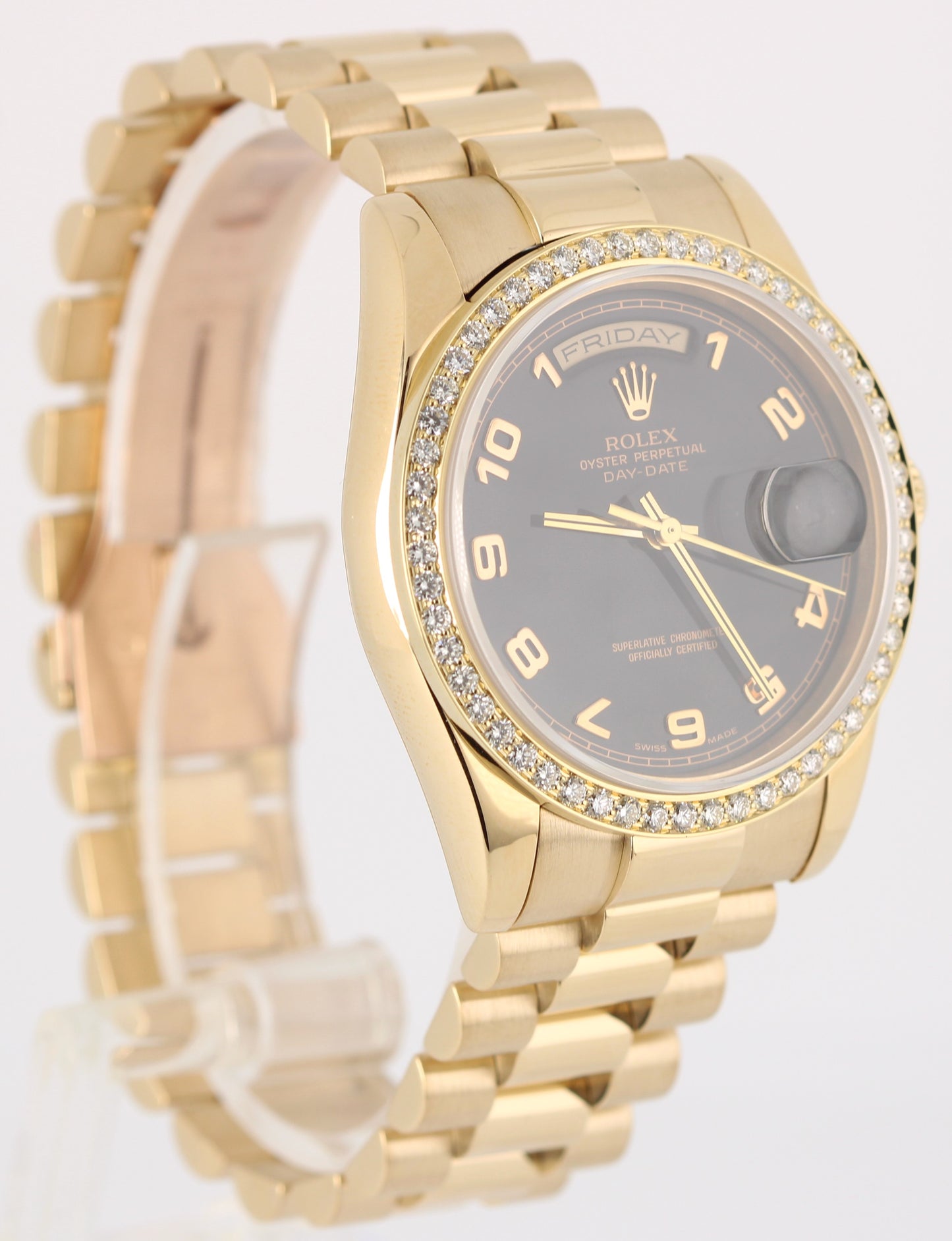 Rolex Day-Date PRESIDENT 18k Yellow Gold Black 36mm DIAMOND Bezel 118205 Watch