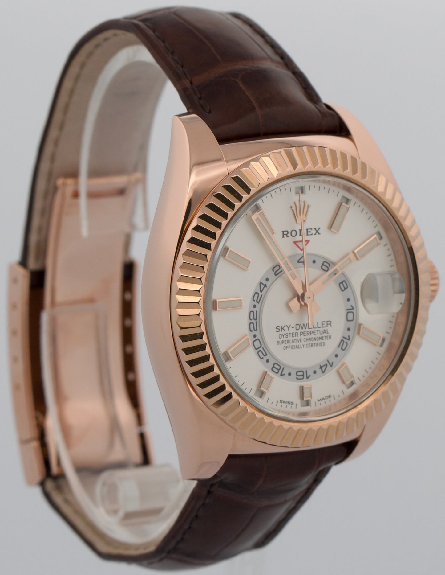Rolex Sky-Dweller 42mm WHITE 18K Rose Gold Fluted Brown LEATHER 326135 Watch BOX
