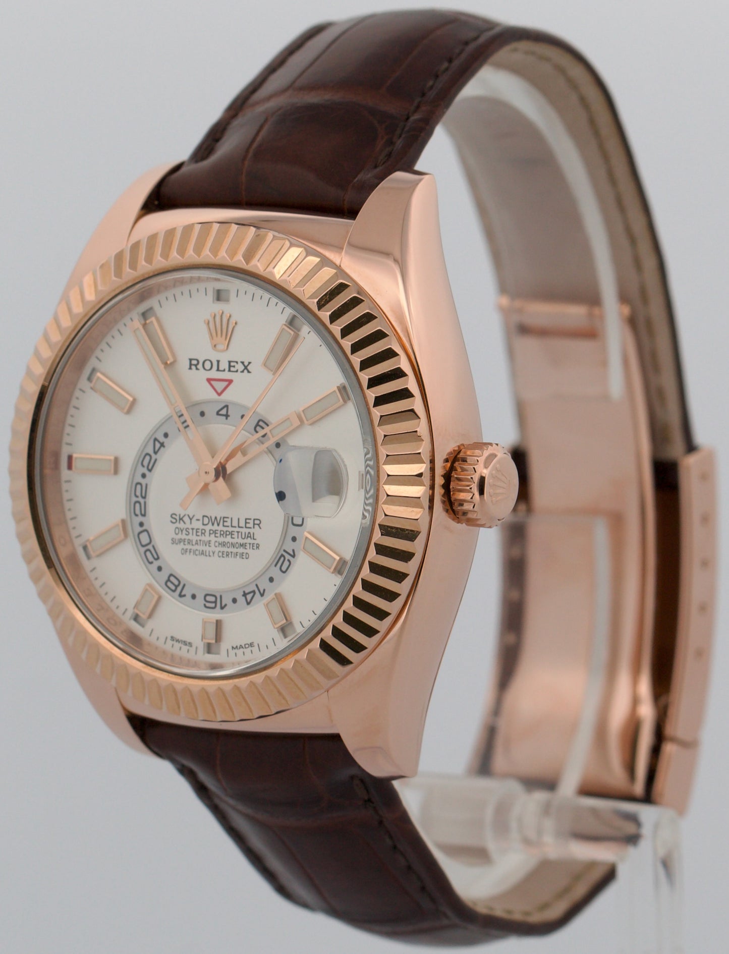 Rolex Sky-Dweller 42mm WHITE 18K Rose Gold Fluted Brown LEATHER 326135 Watch BOX