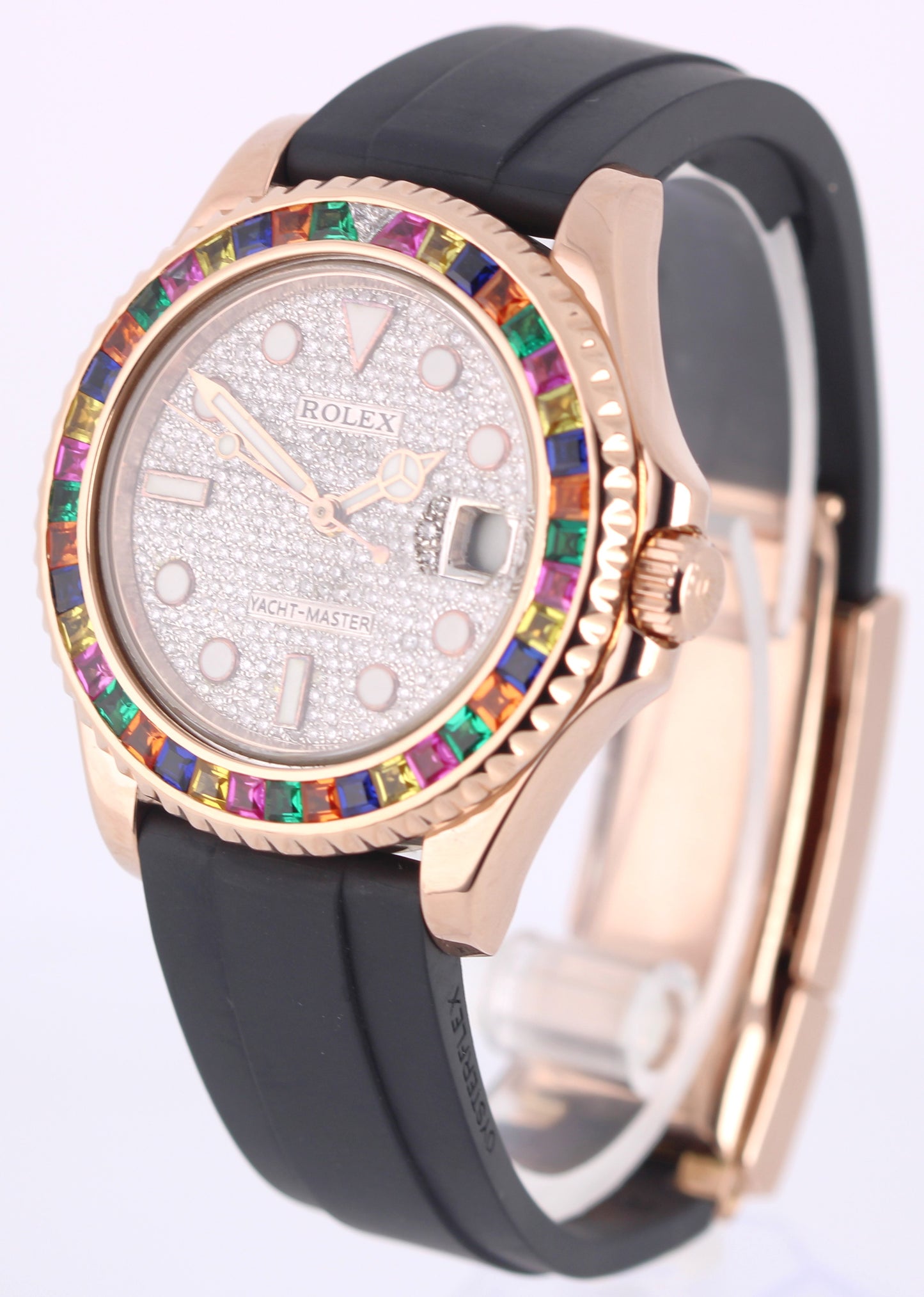 Rolex Yacht-Master 18k Rose Gold DIAMND PAVE 37mm RAINBOW GEMSTONE 268655