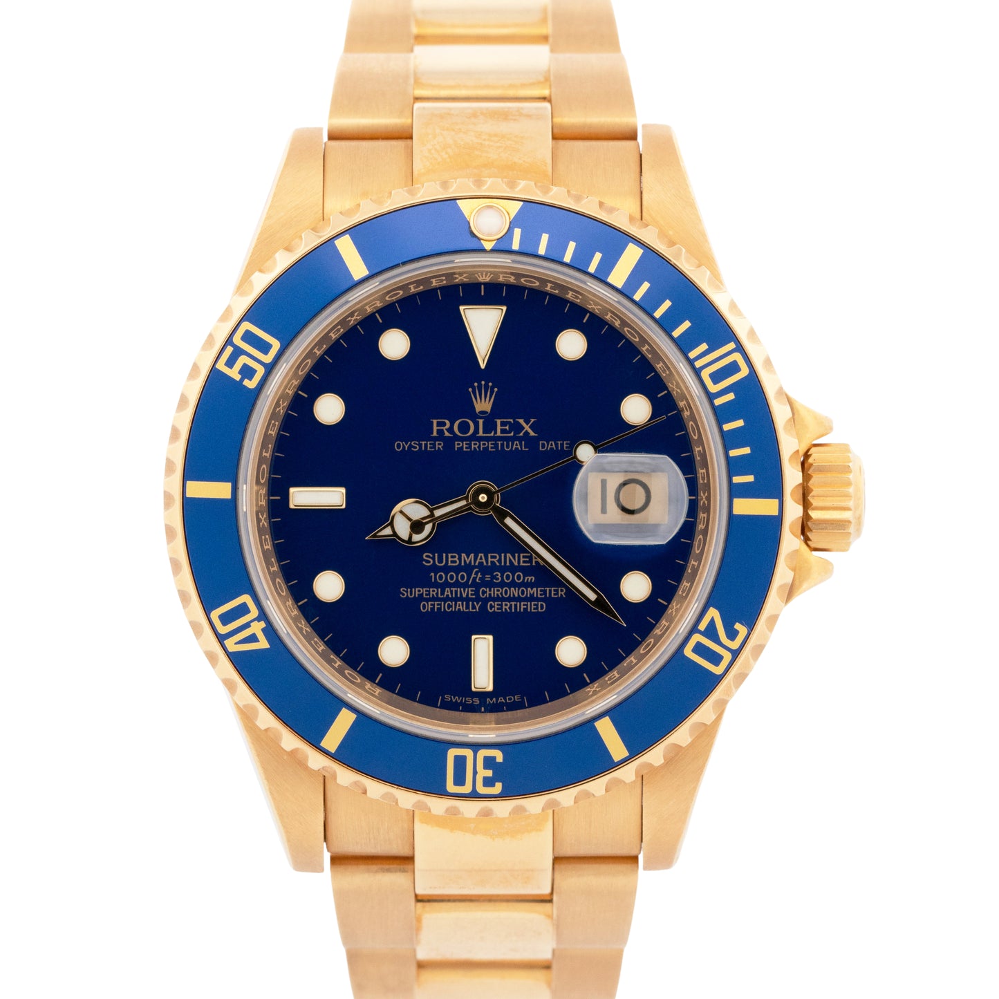 MINT UNPOL. PAPERS Rolex Submariner Date BLUE 18K NO-HOLES REHAUT 40mm 16618 BOX