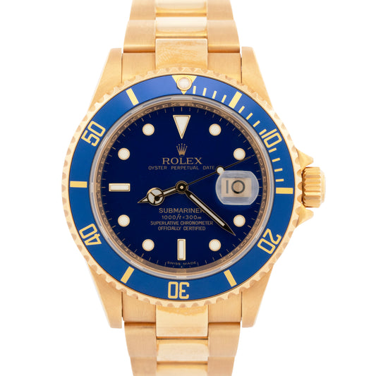 MINT UNPOL. PAPERS Rolex Submariner Date BLUE 18K NO-HOLES REHAUT 40mm 16618 BOX