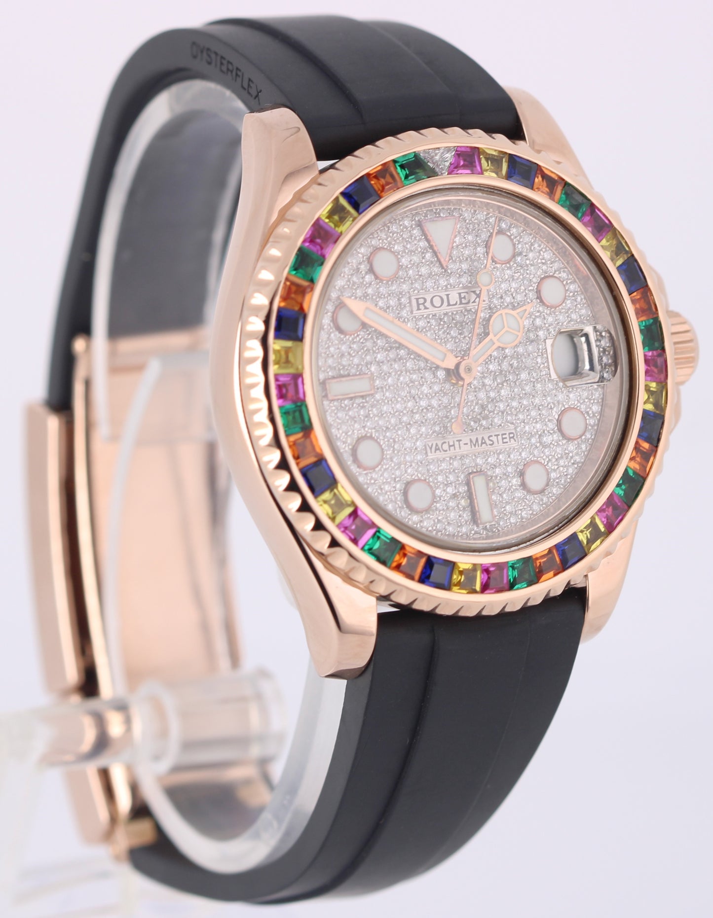 Rolex Yacht-Master 18k Rose Gold DIAMND PAVE 37mm RAINBOW GEMSTONE 268655