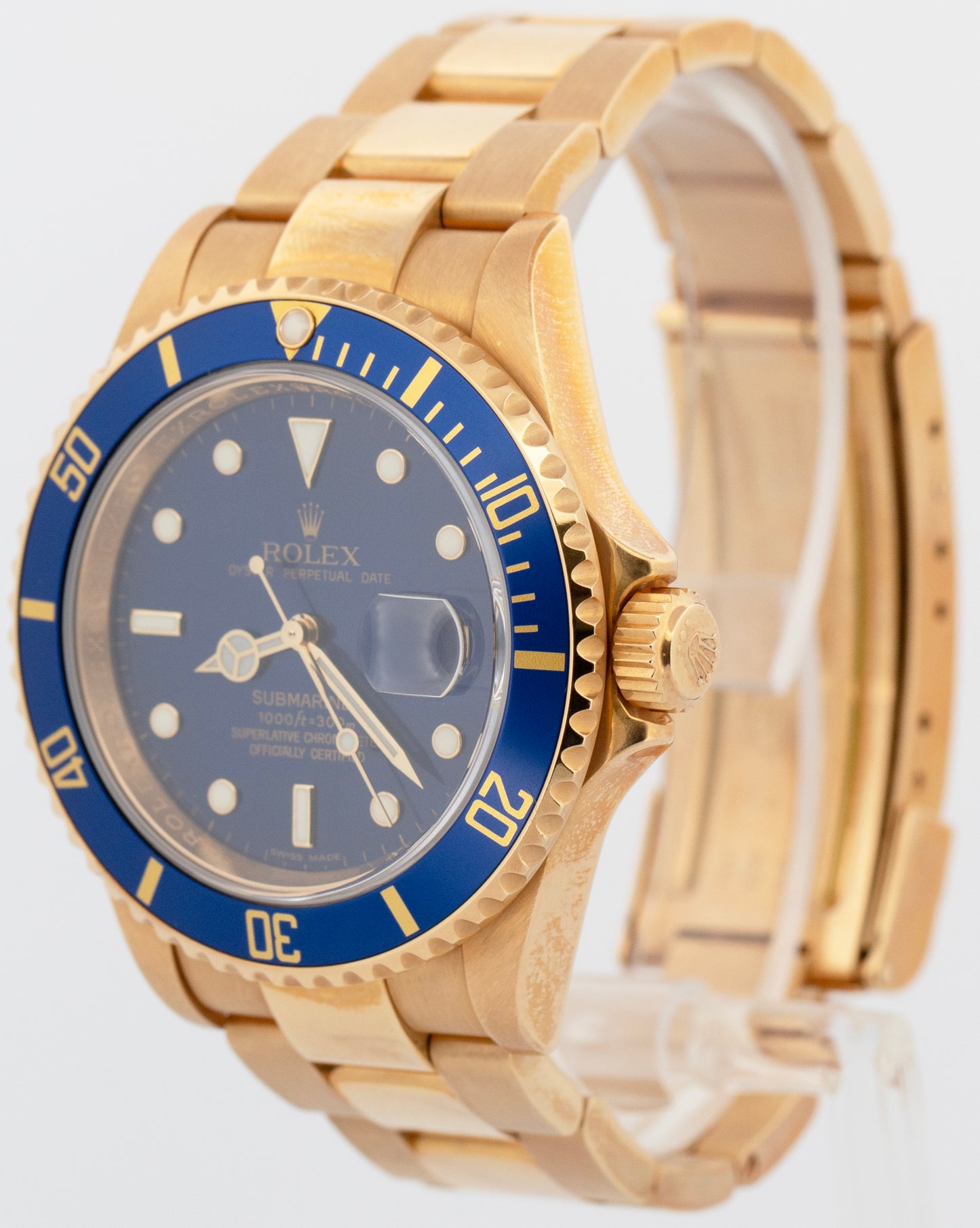 MINT UNPOL. PAPERS Rolex Submariner Date BLUE 18K NO-HOLES REHAUT 40mm 16618 BOX
