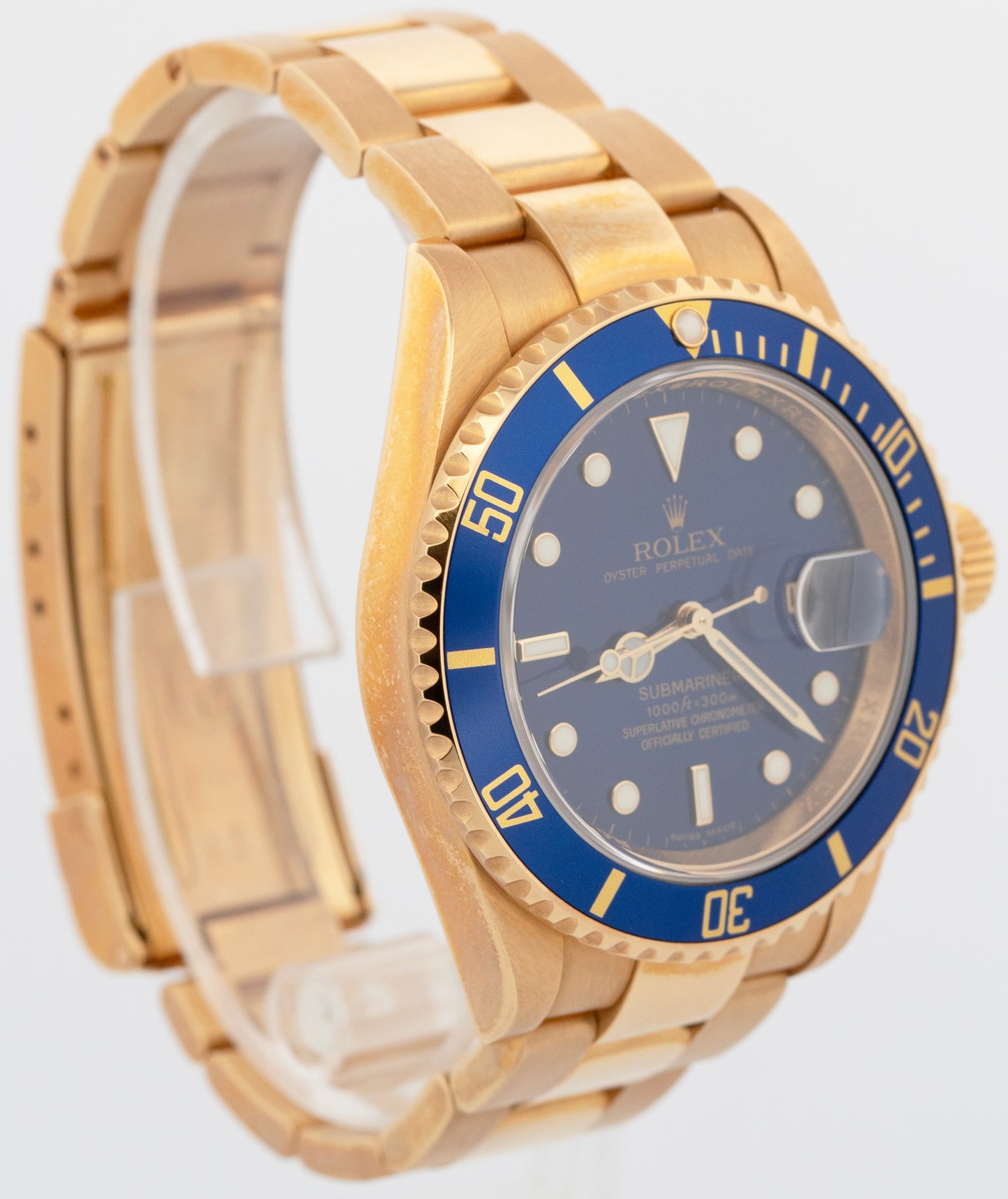 MINT UNPOL. PAPERS Rolex Submariner Date BLUE 18K NO-HOLES REHAUT 40mm 16618 BOX