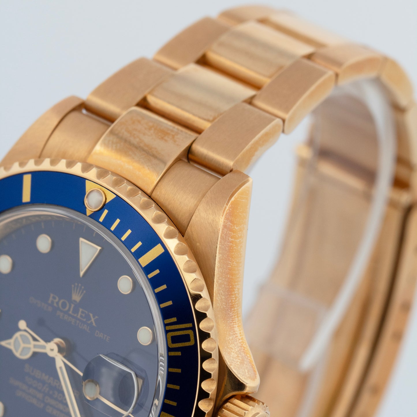 MINT UNPOL. PAPERS Rolex Submariner Date BLUE 18K NO-HOLES REHAUT 40mm 16618 BOX