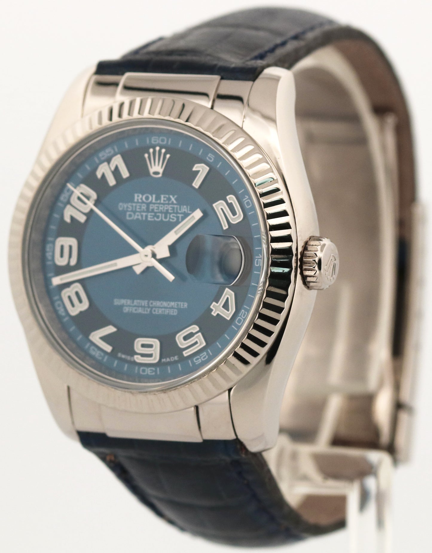 Rolex DateJust Blue Black CONCENTRIC 18K White Gold Fluted 36mm Leather 116139