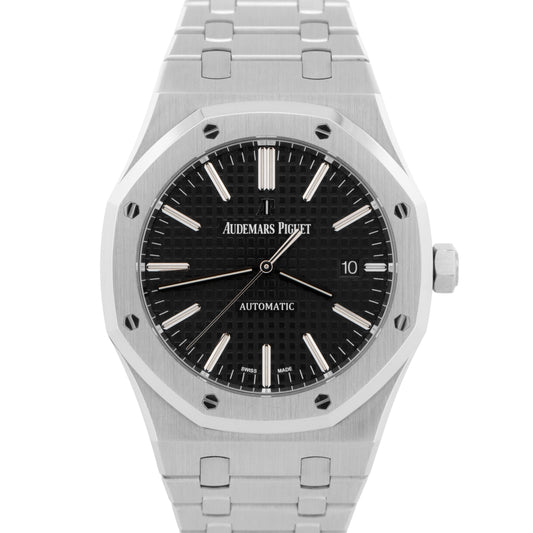 PAPERS Audemars Piguet Royal Oak BLACK 41mm Stainless Steel Watch 15400ST BOX