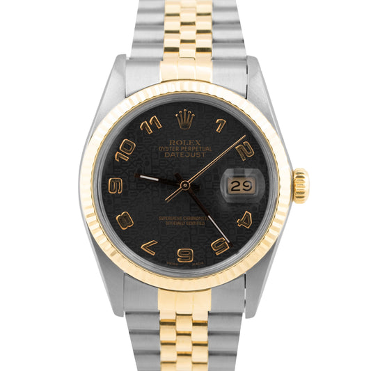 1987 PAPERS Rolex DateJust 36mm Black Jubilee Computer Two-Tone Watch 16013 B+P