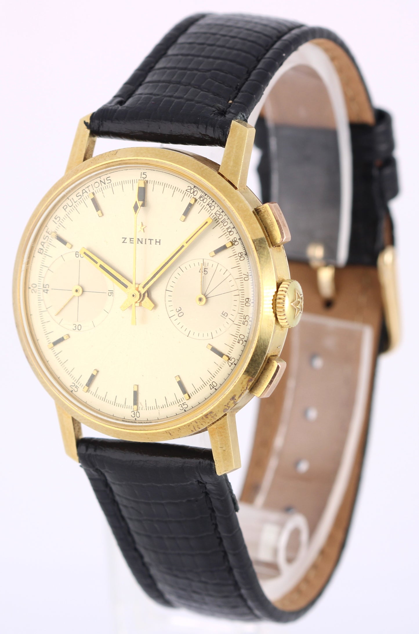 VINTAGE Zenith Chronograph Doctor's Pulsations 18k Yellow Gold Silver 35mm Watch