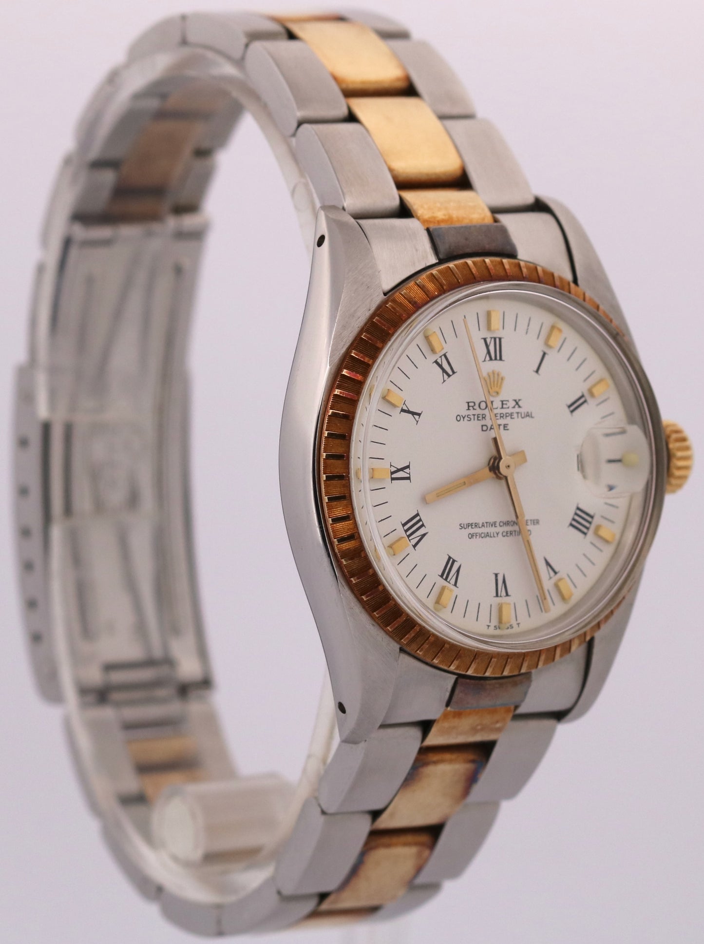 1978 Rolex Oyster Perpetual Date 34mm WHITE ROMAN 18K Gold Steel OYSTER 1505