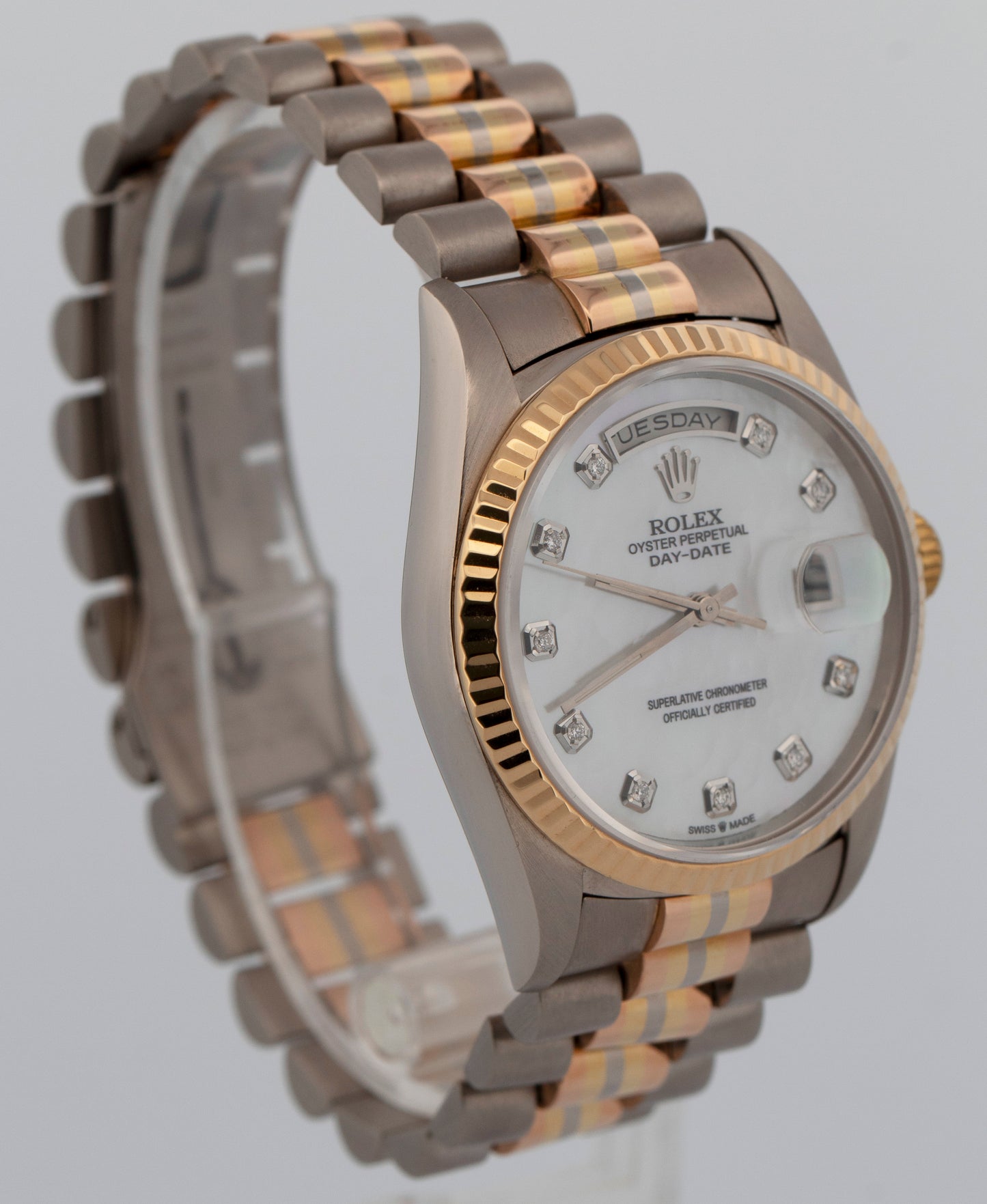 Rolex Day-Date TRIDOR 18K White Gold Rose Yellow DIAMOND 36mm 18239 BIC Watch