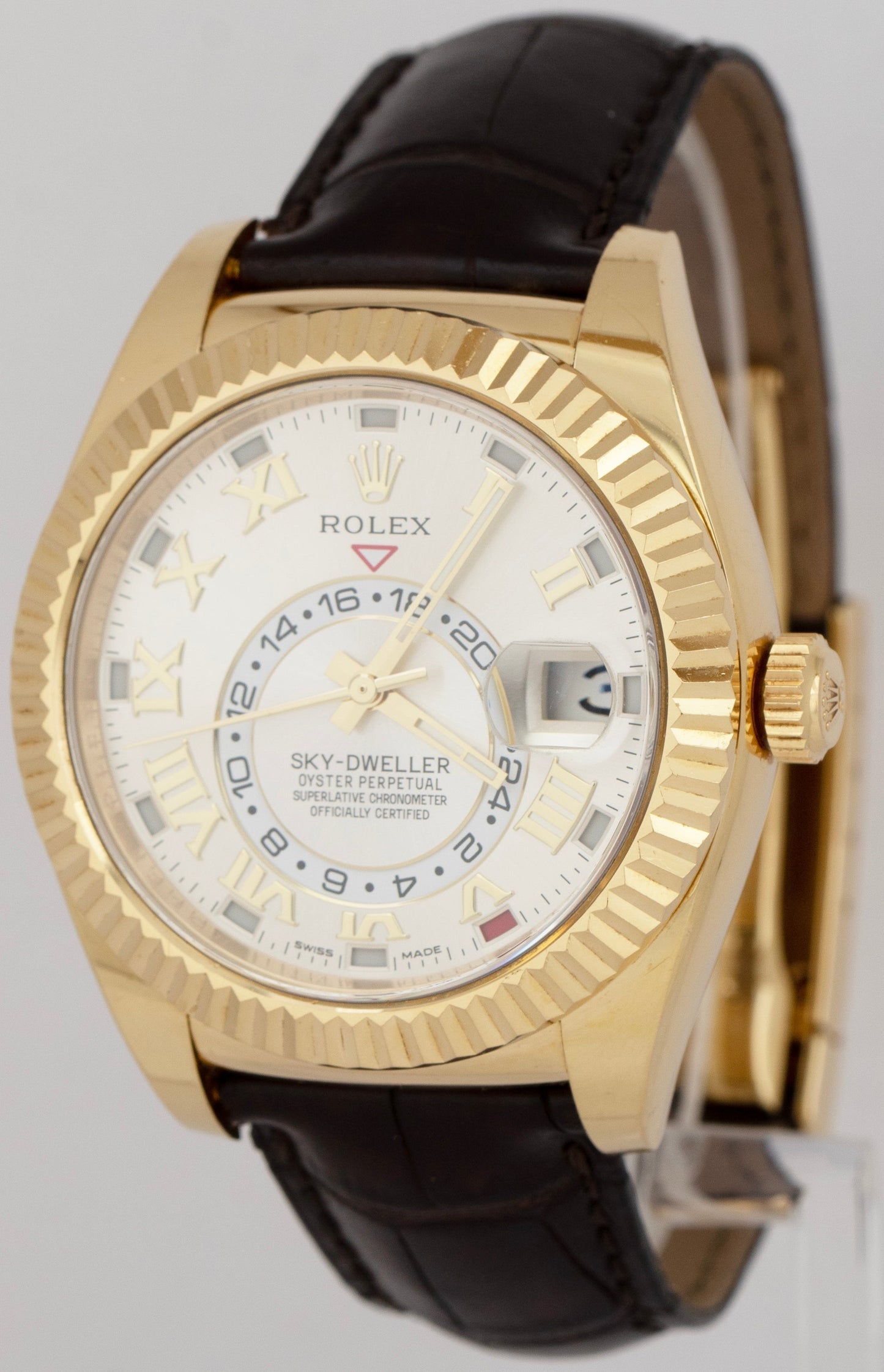 Rolex Sky-Dweller 42mm PAPERS 18K Yellow Gold Silver Roman 326138 Watch B+P
