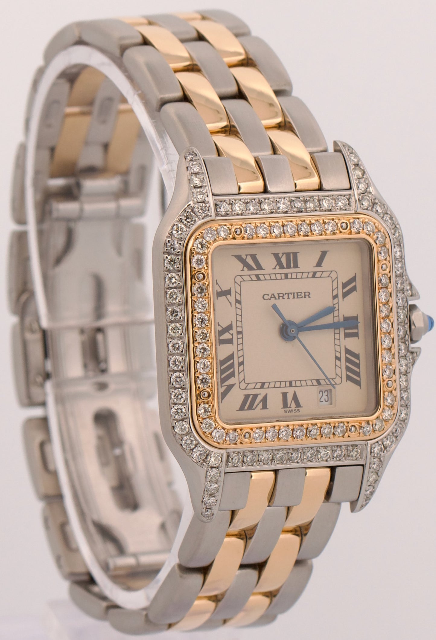 Cartier Panthere TWO ROW 18K Gold Steel DIAMOND 27mm IVORY W25028B6 187949 Watch