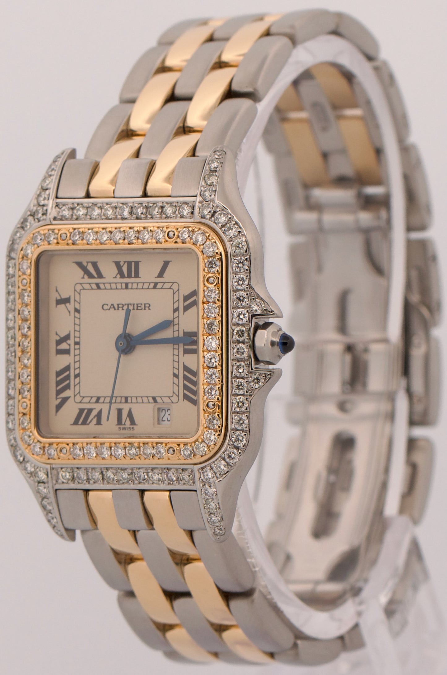 Cartier Panthere TWO ROW 18K Gold Steel DIAMOND 27mm IVORY W25028B6 187949 Watch
