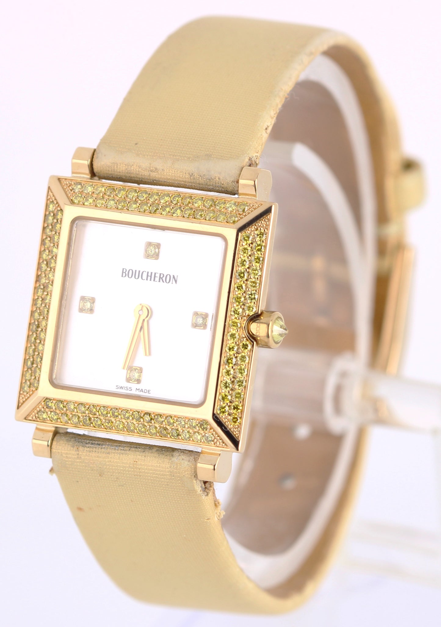 Boucheron Carree PAPERS 18k Gold YELLOW DIAMOND Mother of Pearl AJ410452 BOX