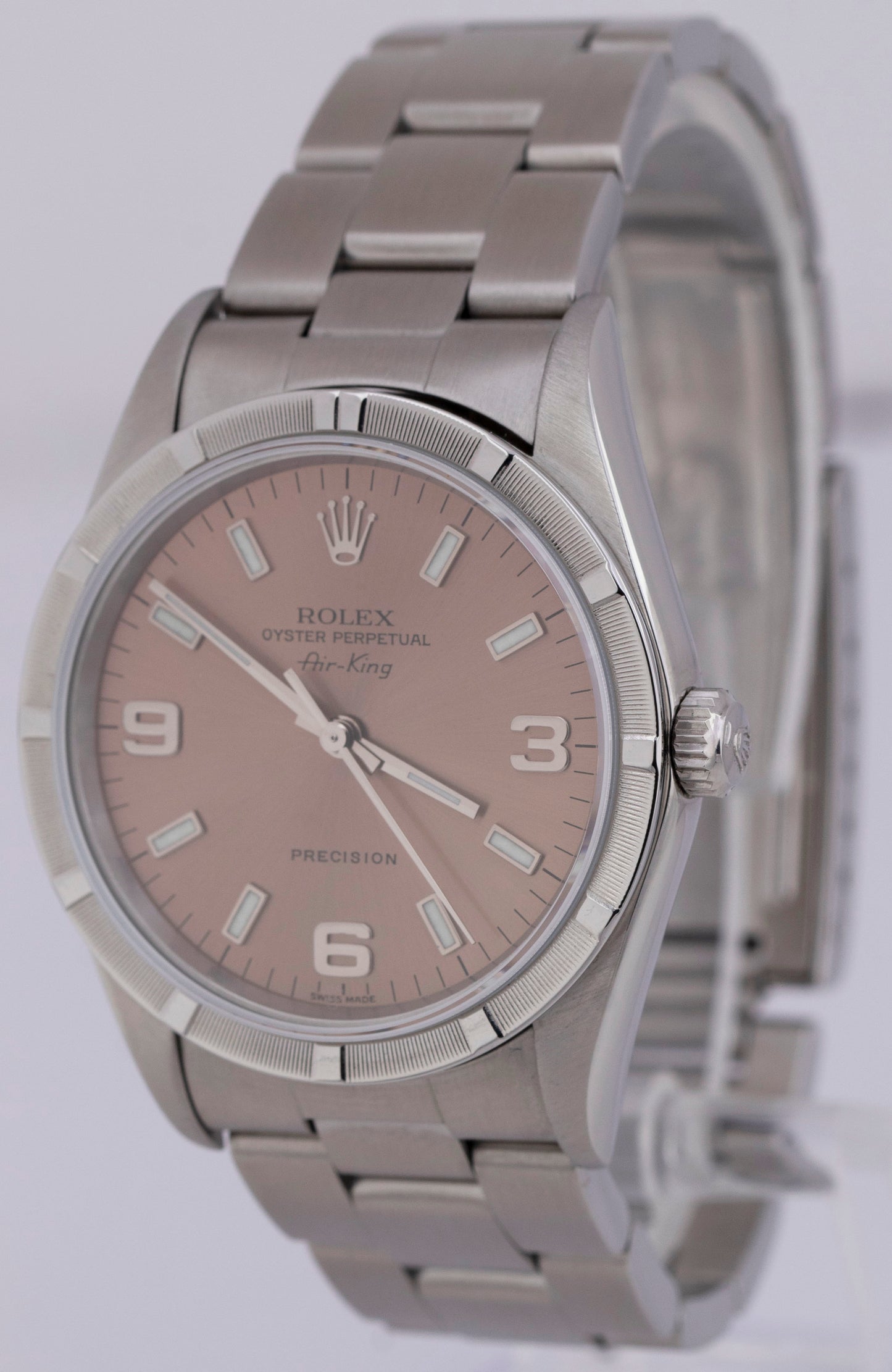 MINT Rolex Oyster Perpetual Air-King Salmon 14010 Steel NO-HOLES 34mm Watch