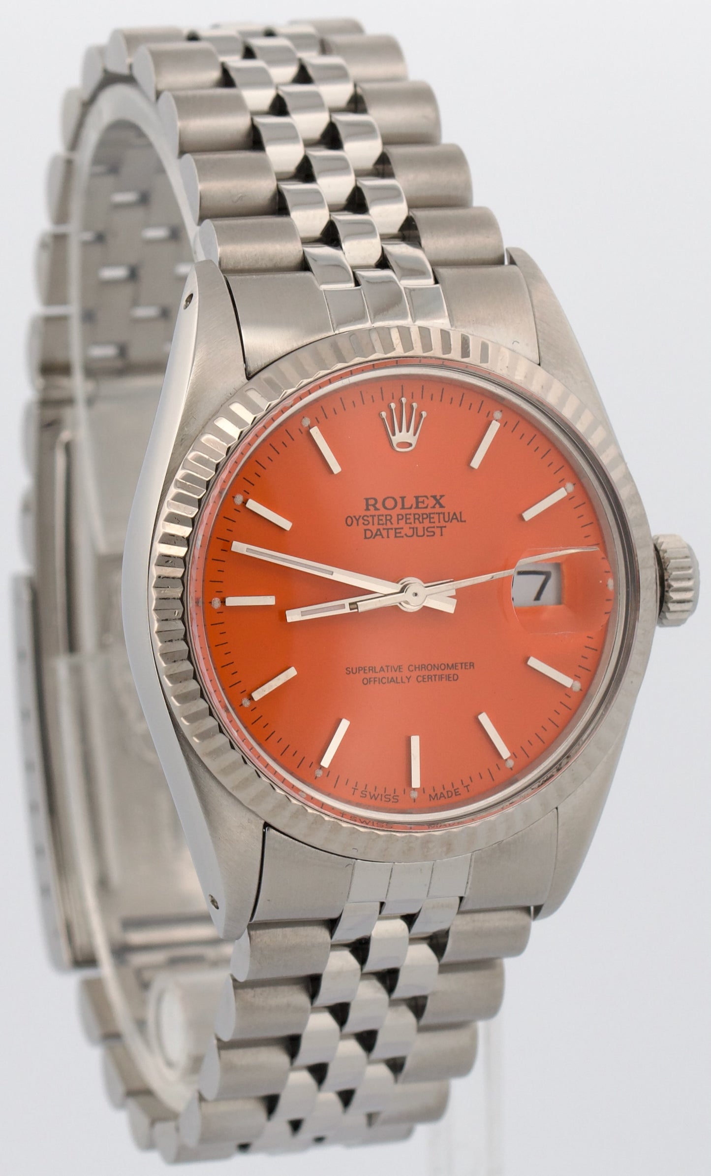 Rolex DateJust 36mm ORANGE Stainless Steel 18K White Gold JUBILEE Fluted 16014