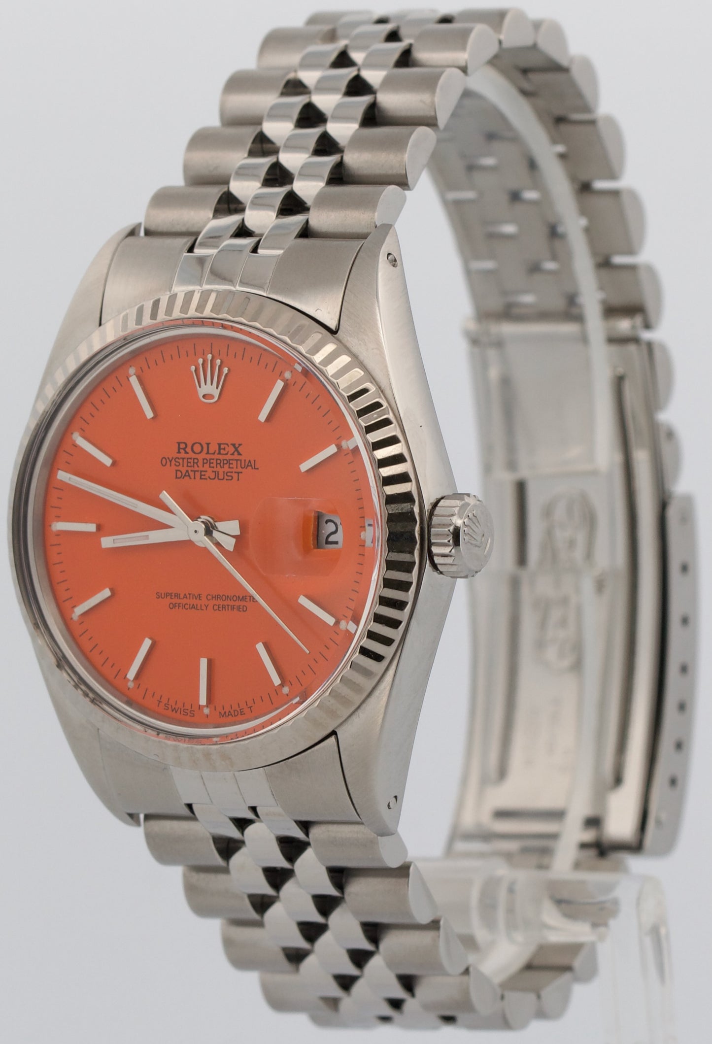 Rolex DateJust 36mm ORANGE Stainless Steel 18K White Gold JUBILEE Fluted 16014