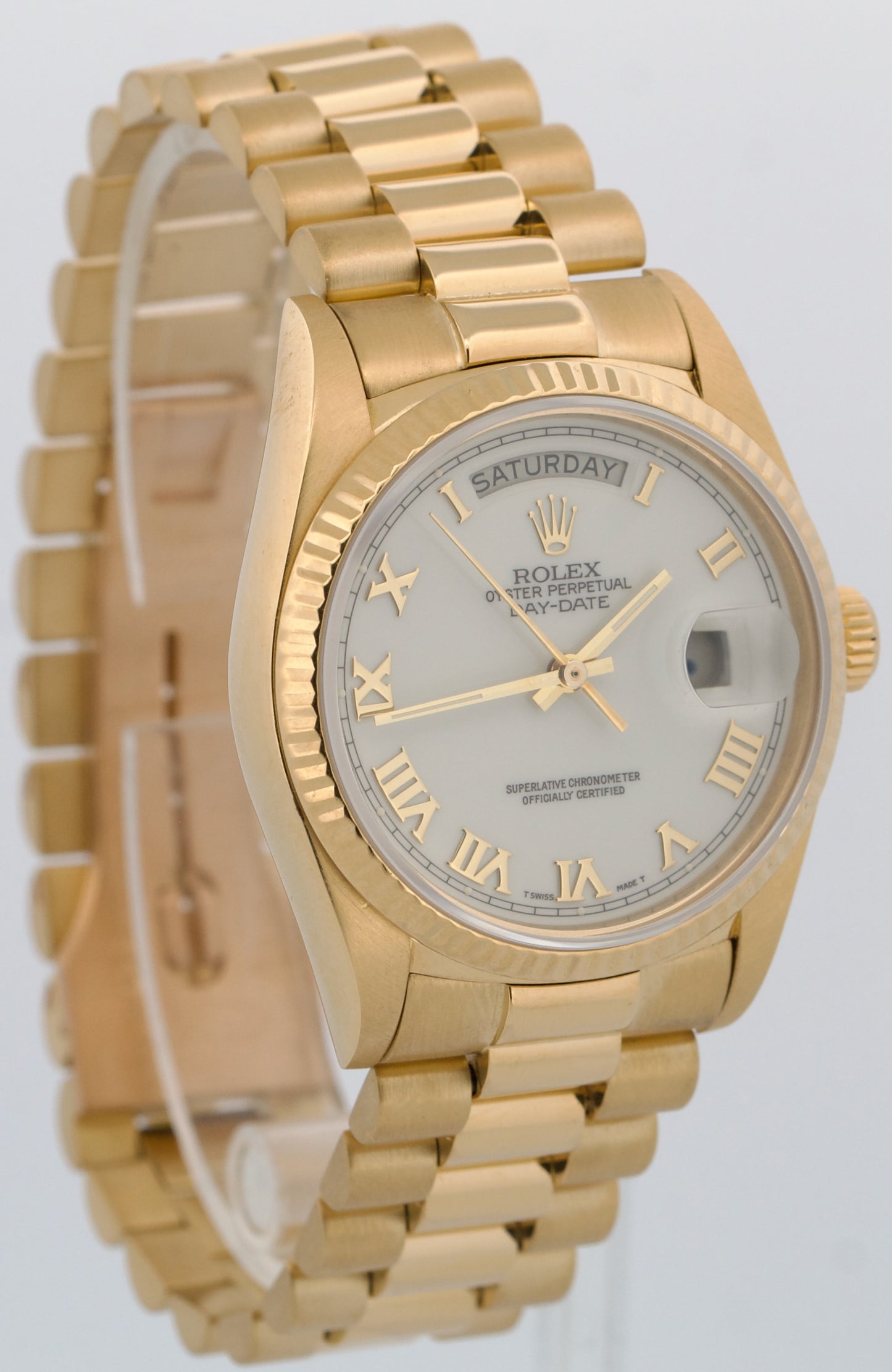 VINTAGE 1985 Rolex Day-Date President WHITE ROMAN 36mm 18K Yellow Gold 18038