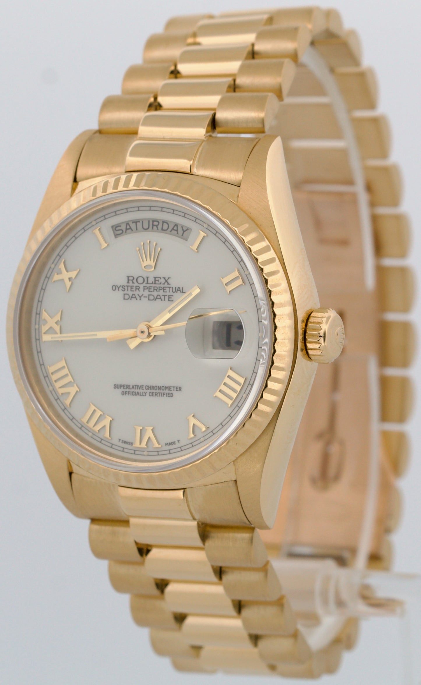 VINTAGE 1985 Rolex Day-Date President WHITE ROMAN 36mm 18K Yellow Gold 18038