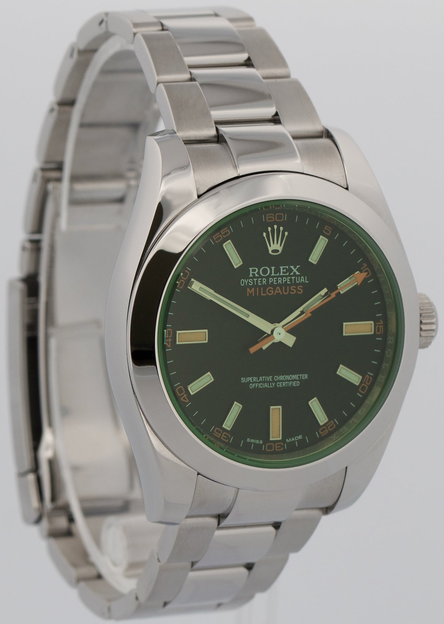 Rolex Milgauss BLACK Orange Steel Green Crystal 40mm Smooth Oyster 116400 GV