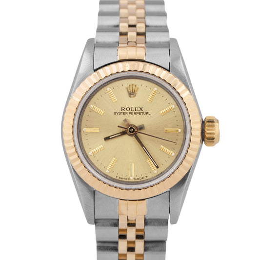 Rolex Oyster Perpetual 24mm Two-Tone Yellow Gold CHAMPAGNE Jubilee Watch 67193