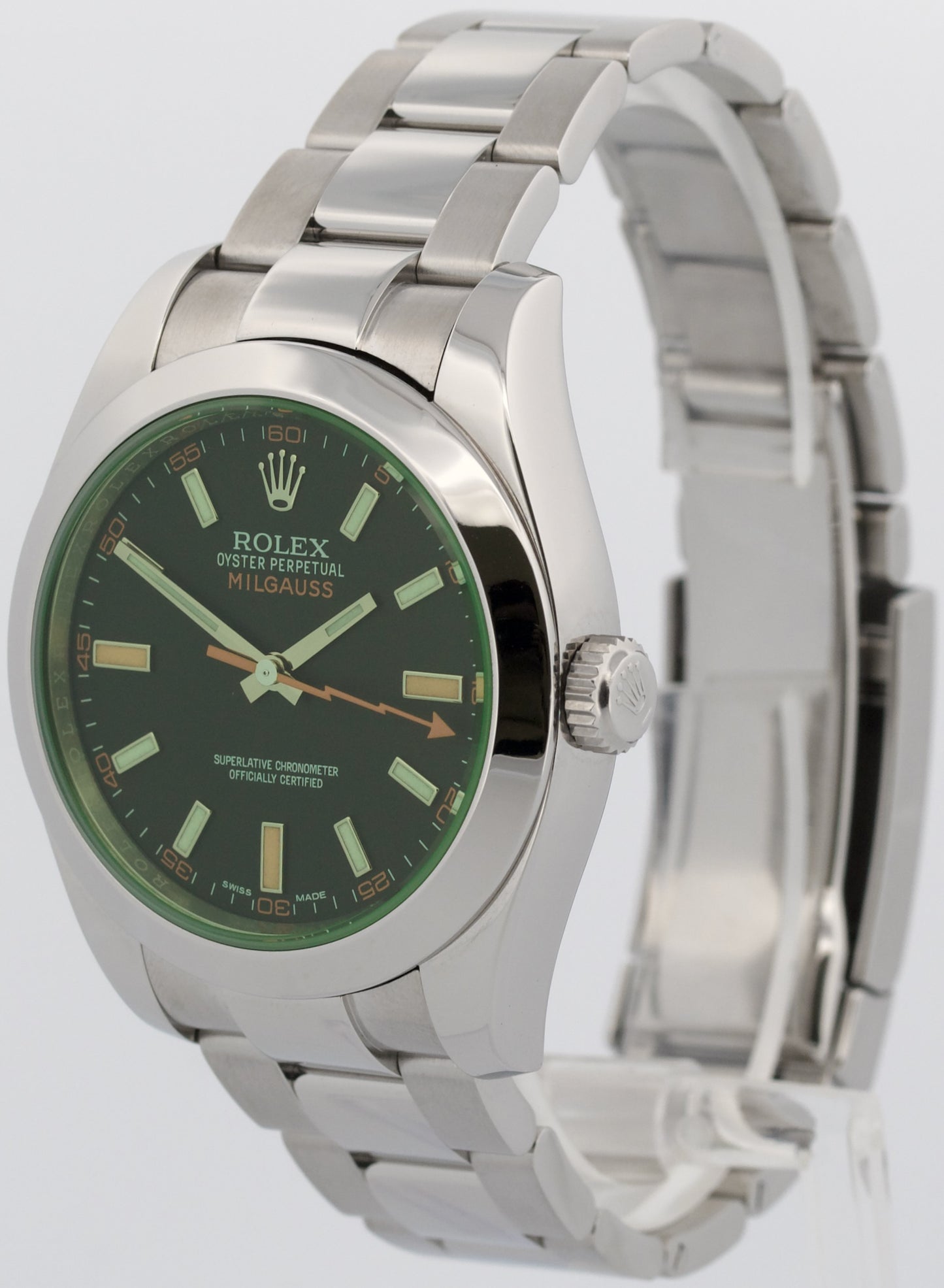 Rolex Milgauss BLACK Orange Steel Green Crystal 40mm Smooth Oyster 116400 GV