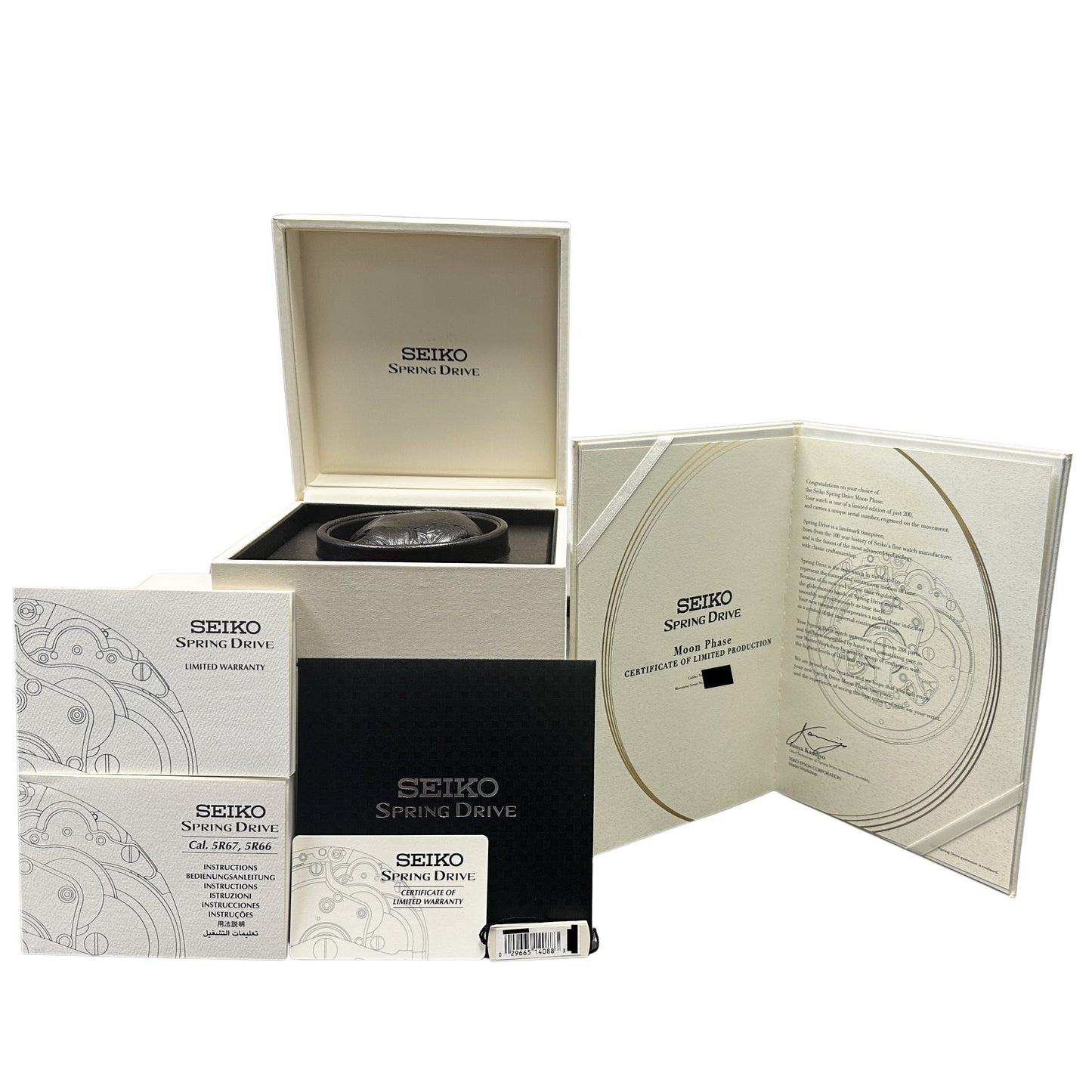 Seiko Spring Drive Moonphase PAPERS Steel Blue 41mm SNR011 Leather Watch BOX